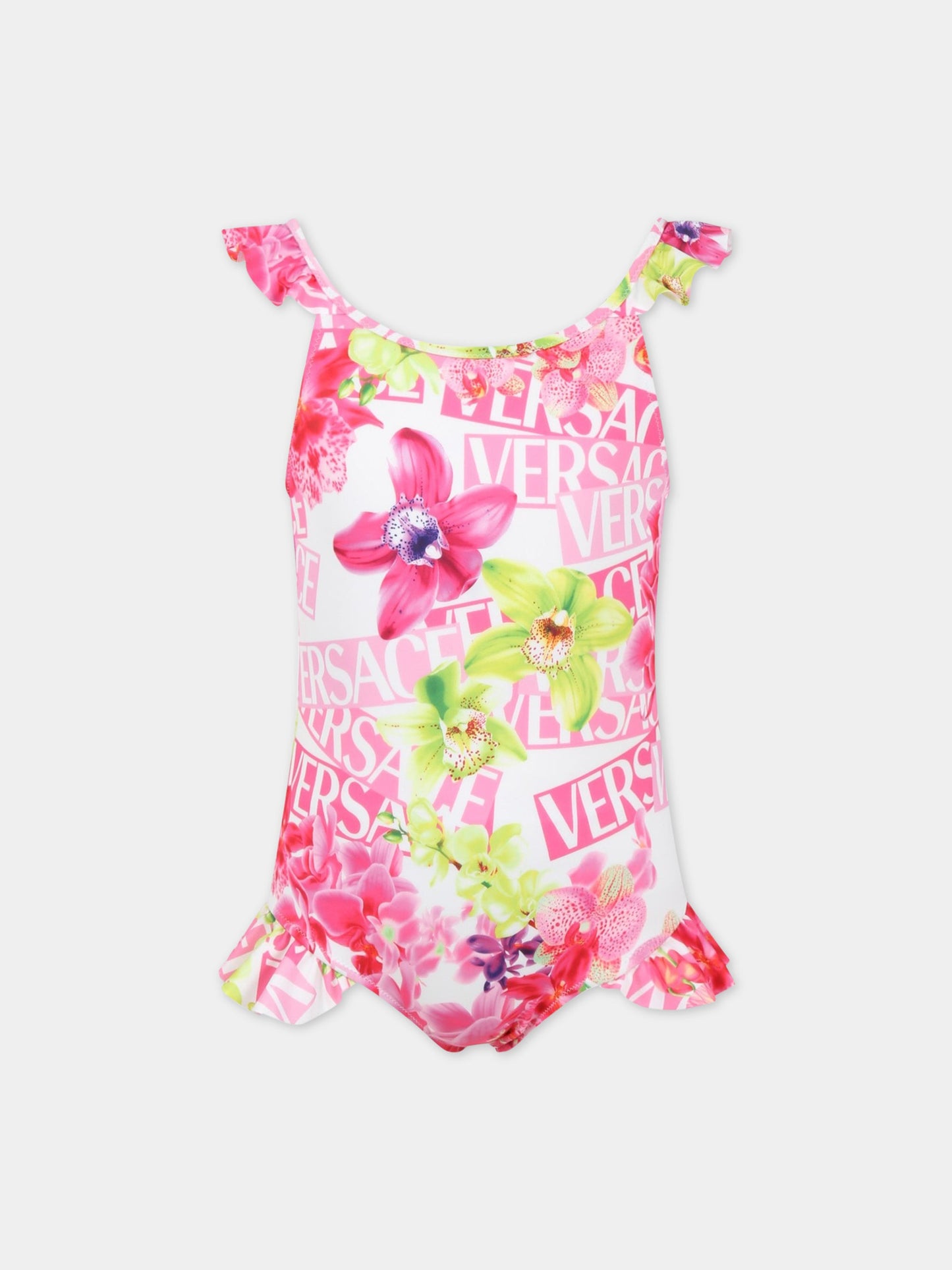 Costume bianco da bagno per bambina con stampa floreale e logo all-over,Versace,1008180 1A06898 5W020