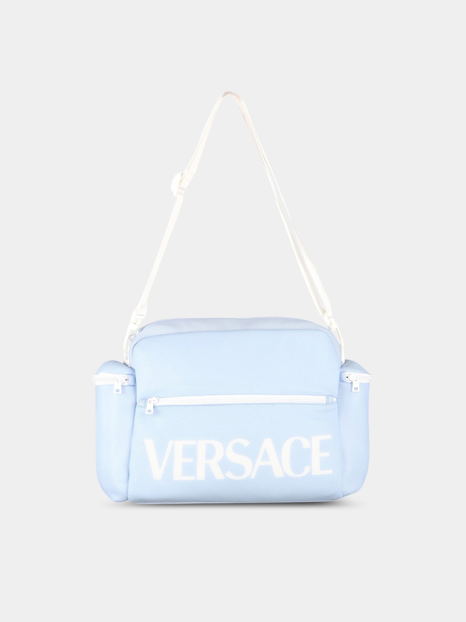 Borsa-mamma celeste per neonato con logo,Versace,1007127 1A06133 2V320