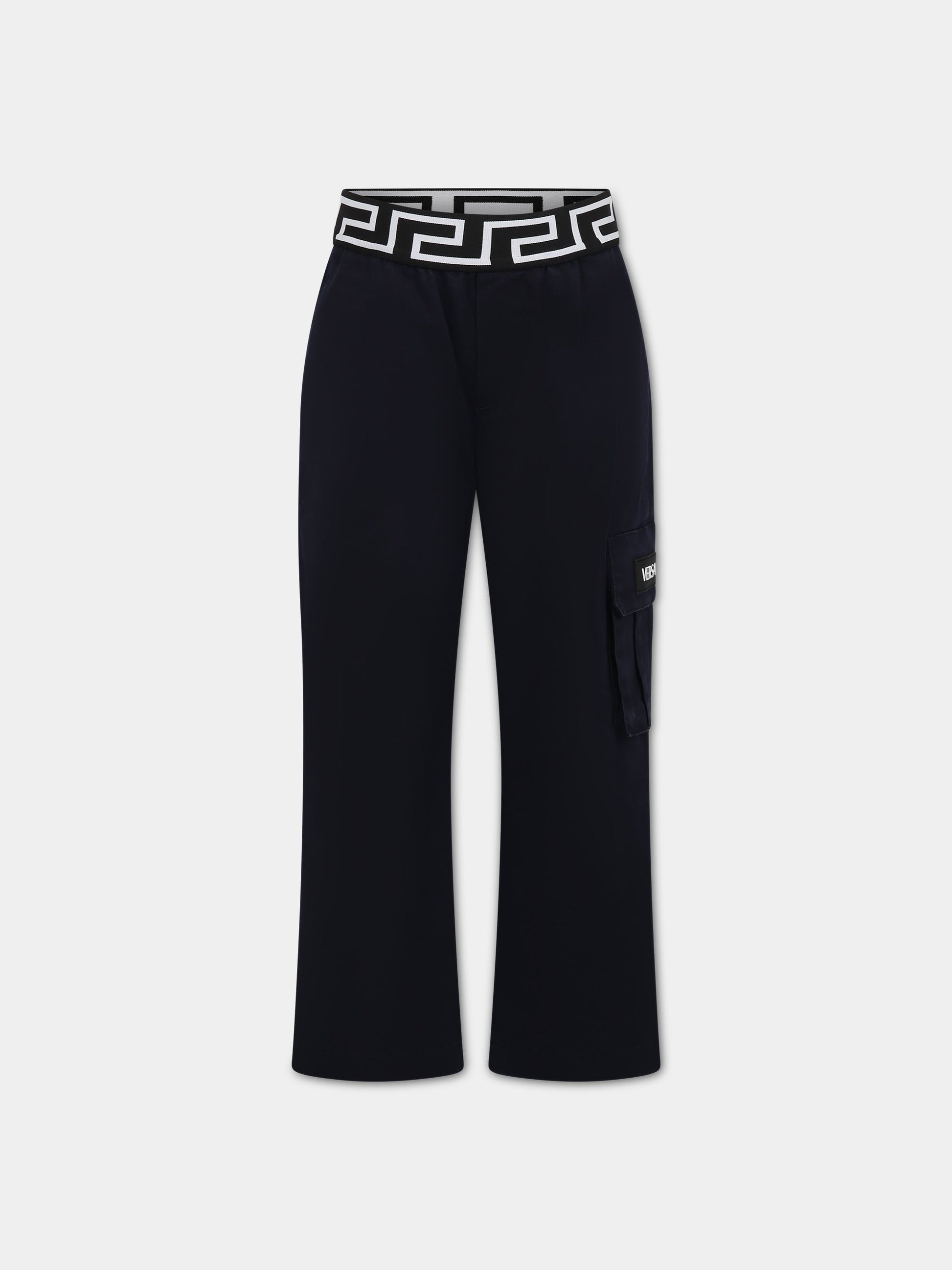 Pantaloni blu per bambino con iconica Greca e logo,Versace,1002266 1A06498 1U180