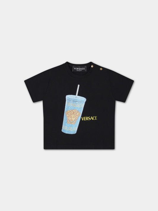 T-shirt nera per neonato con logo giallo,Versace,1000102 1A05779 2BE00