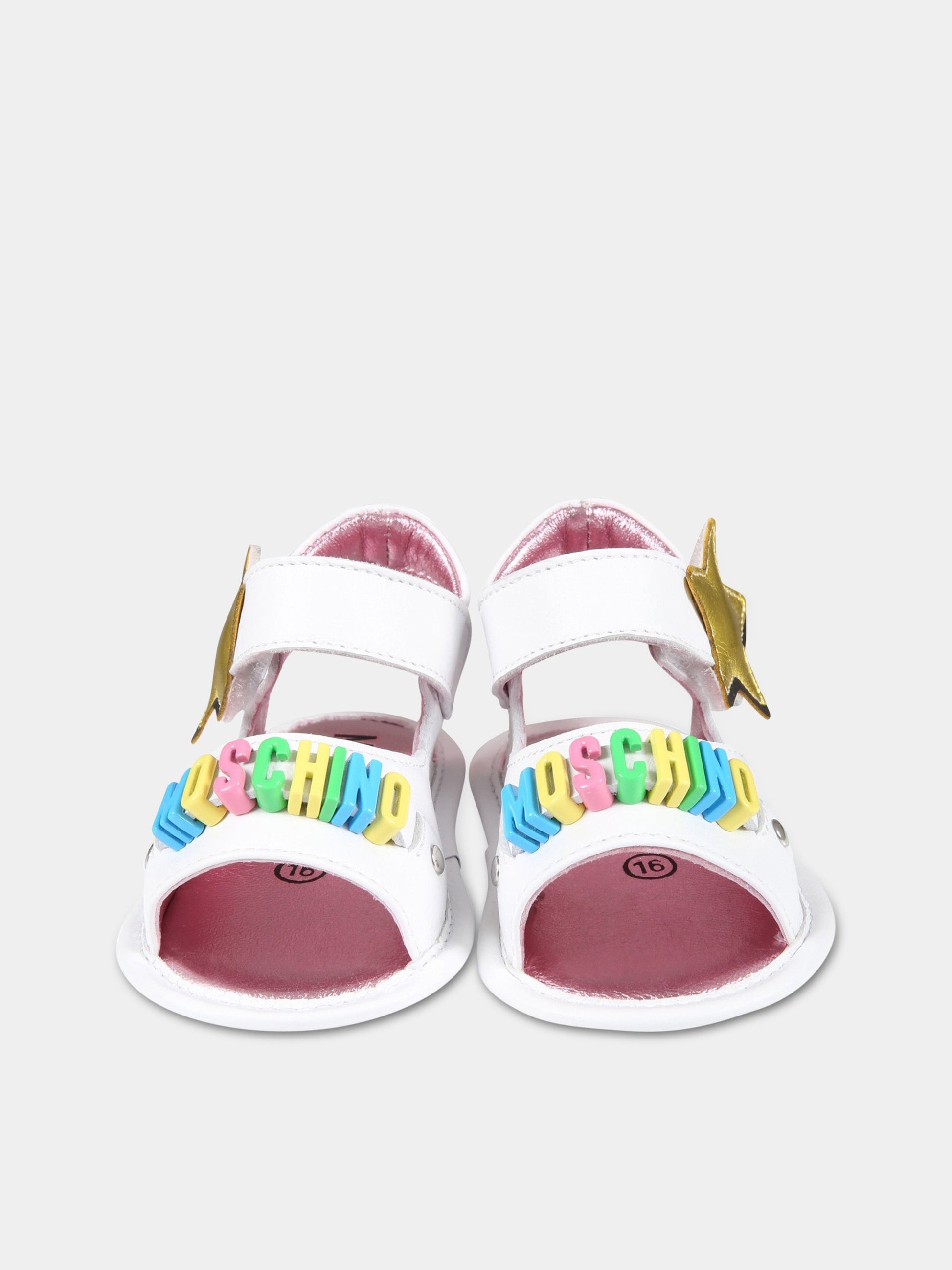 Sandali bianchi per neonata con logo multicolor e stella,Moschino Kids,74259 1