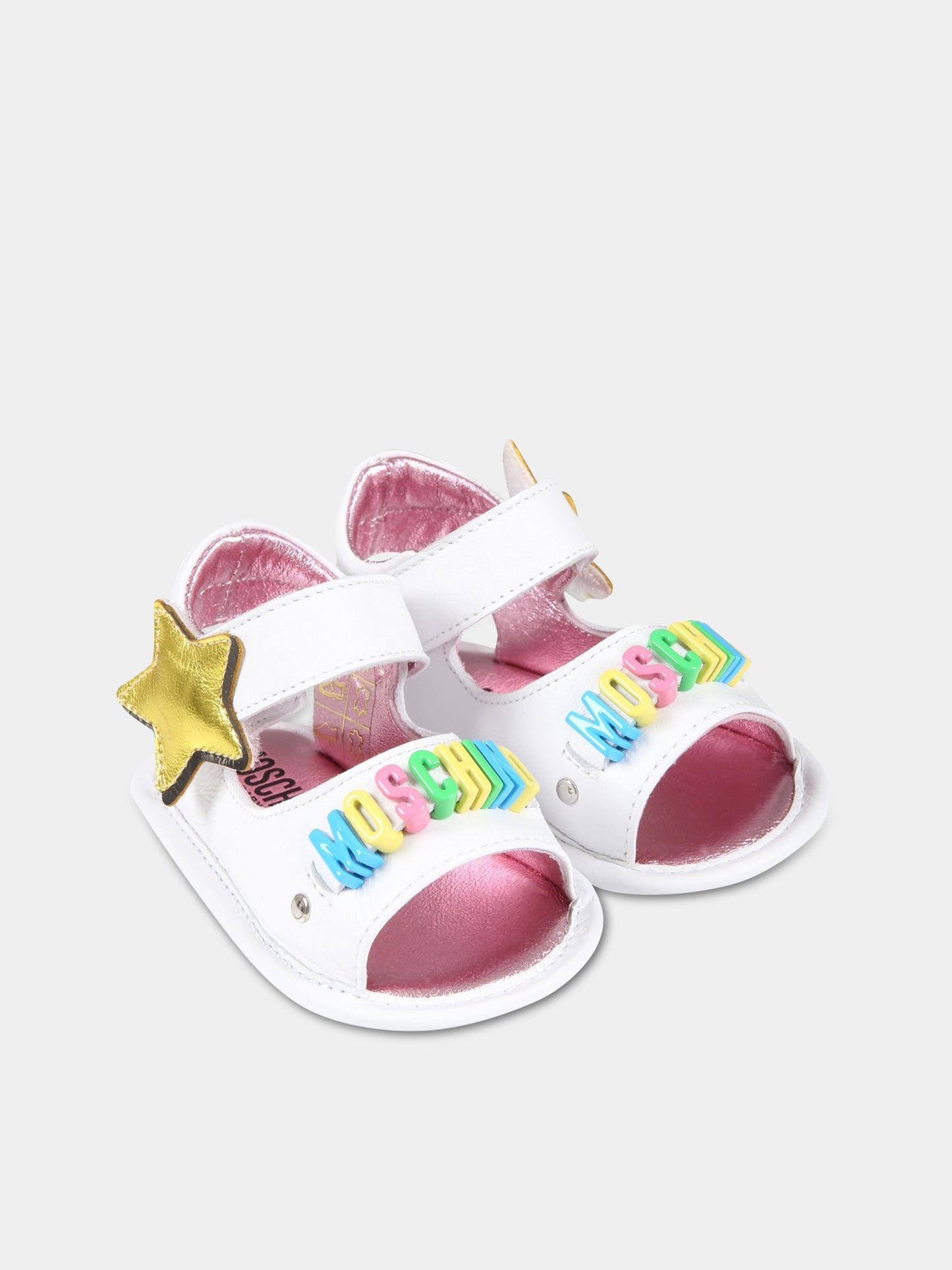 Sandali bianchi per neonata con logo multicolor e stella,Moschino Kids,74259 1