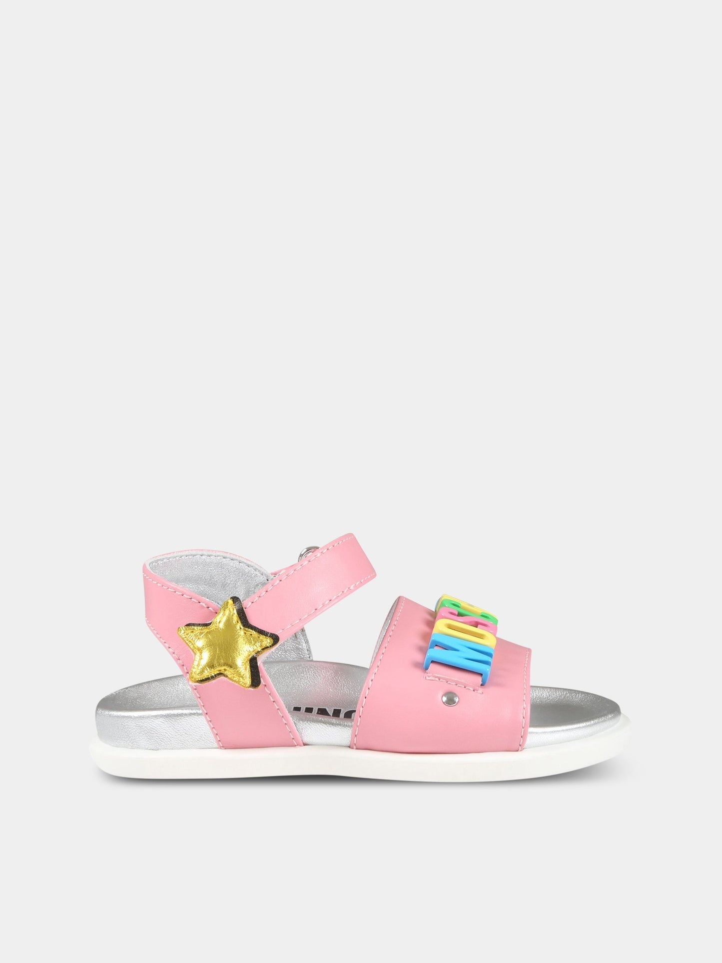 Sandali rosa per bambina con logo multicolor e stella,Moschino Kids,74324 1