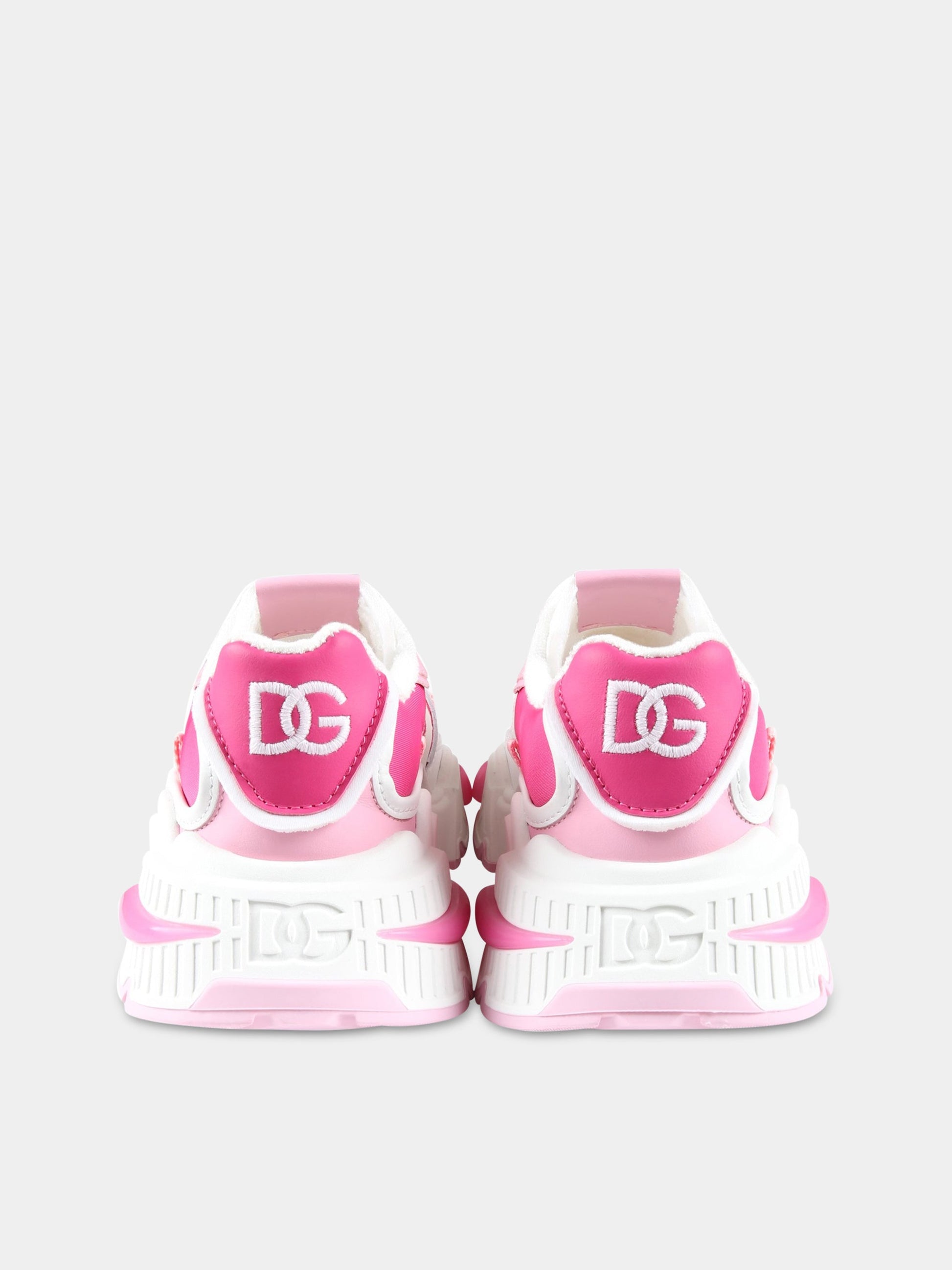 Sneakers bianche per bambina con dettagli rosa e fucsia,Dolce & Gabbana Kids,DA5118 AA399 8V436