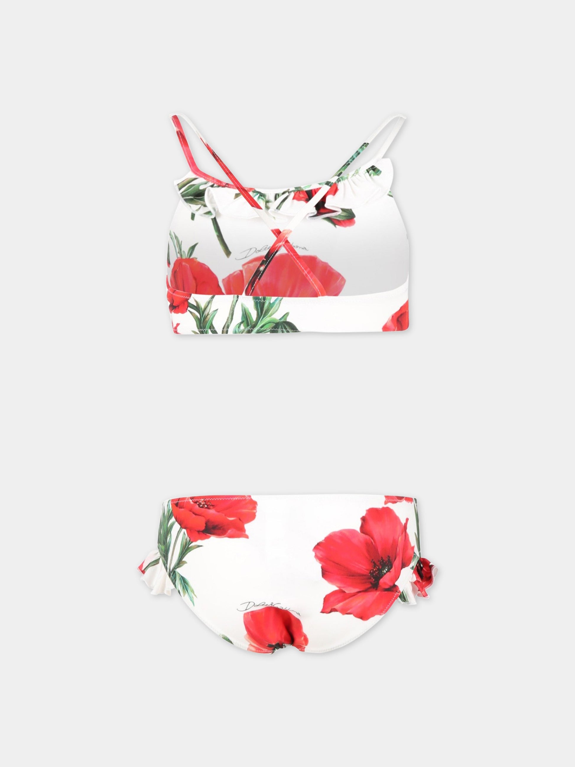 Bikini bianco per bambina con papaveri e logo,Dolce & Gabbana Kids,L5J833 FSG5U HA3VN