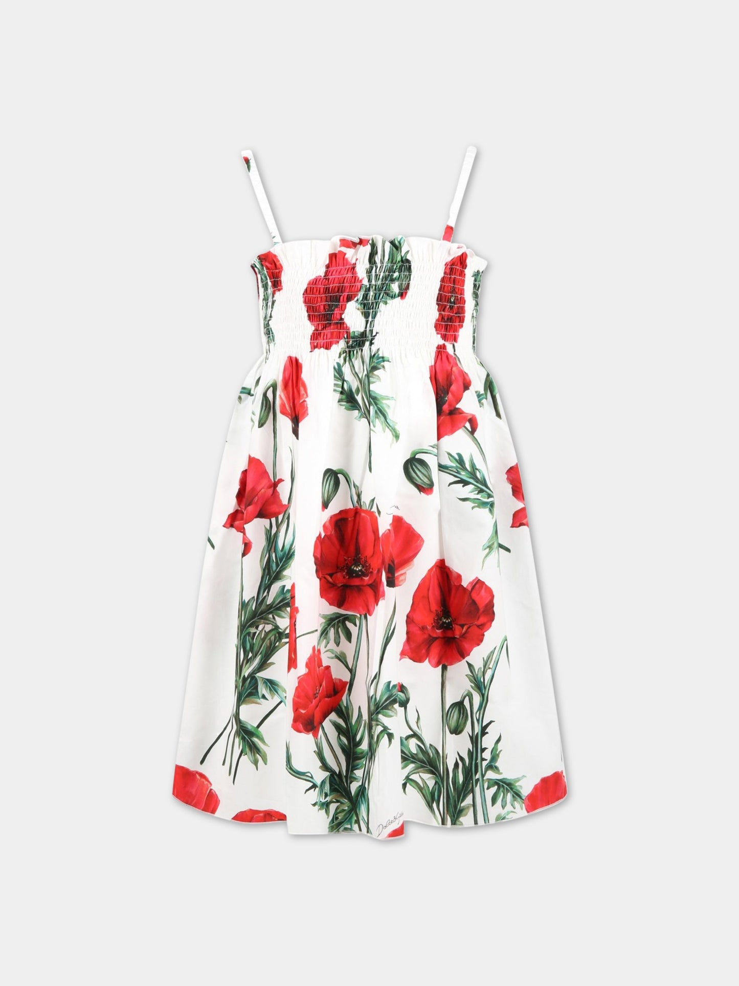 Vestito bianco per bambina con papaveri e logo,Dolce & Gabbana Kids,L52DA6 HS5O1 HA3VN