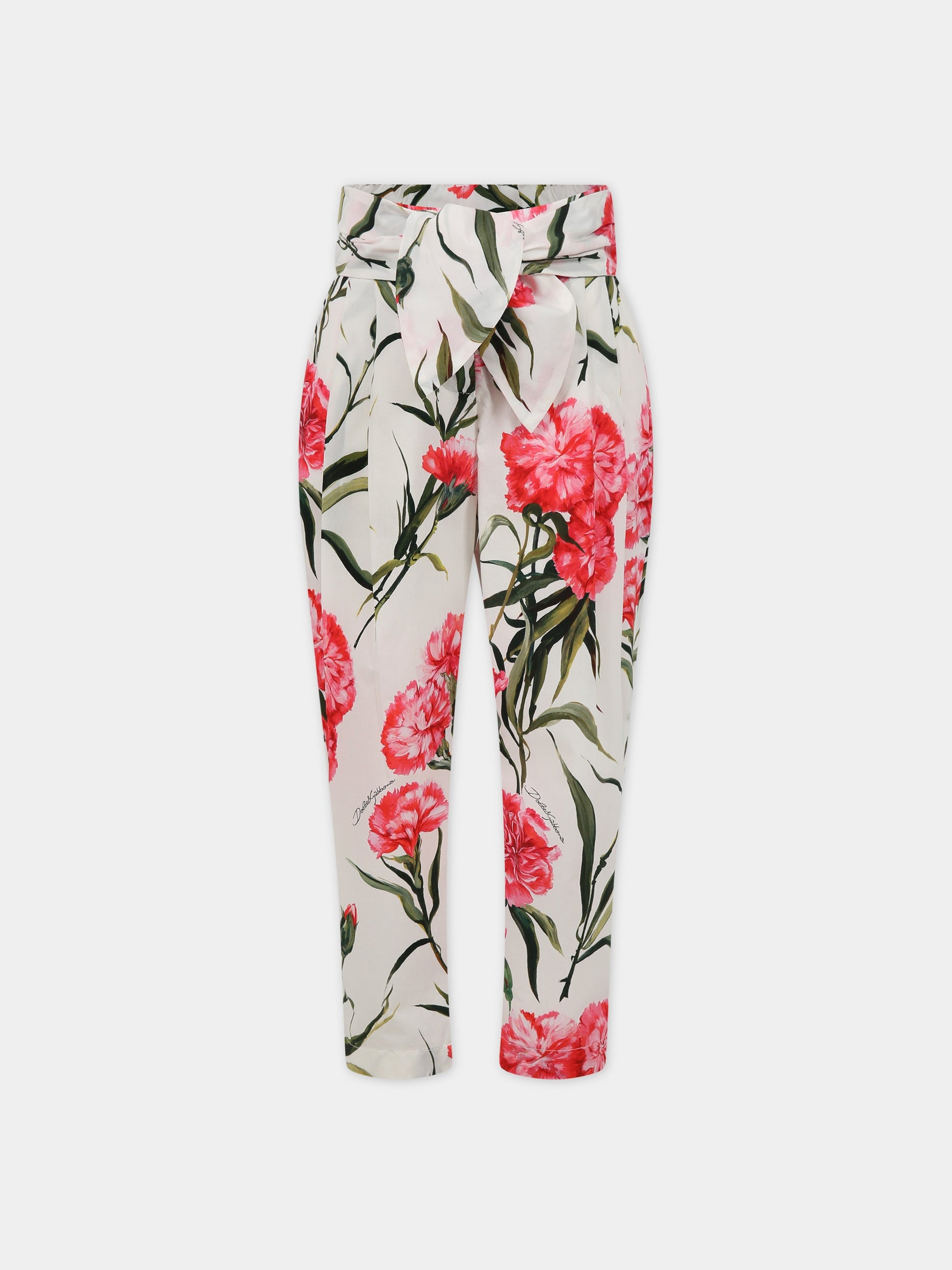 Pantaloni bianco per bambina con stampa garofani e logo,Dolce & Gabbana Kids,L53P22 HS5O0 HA3VL