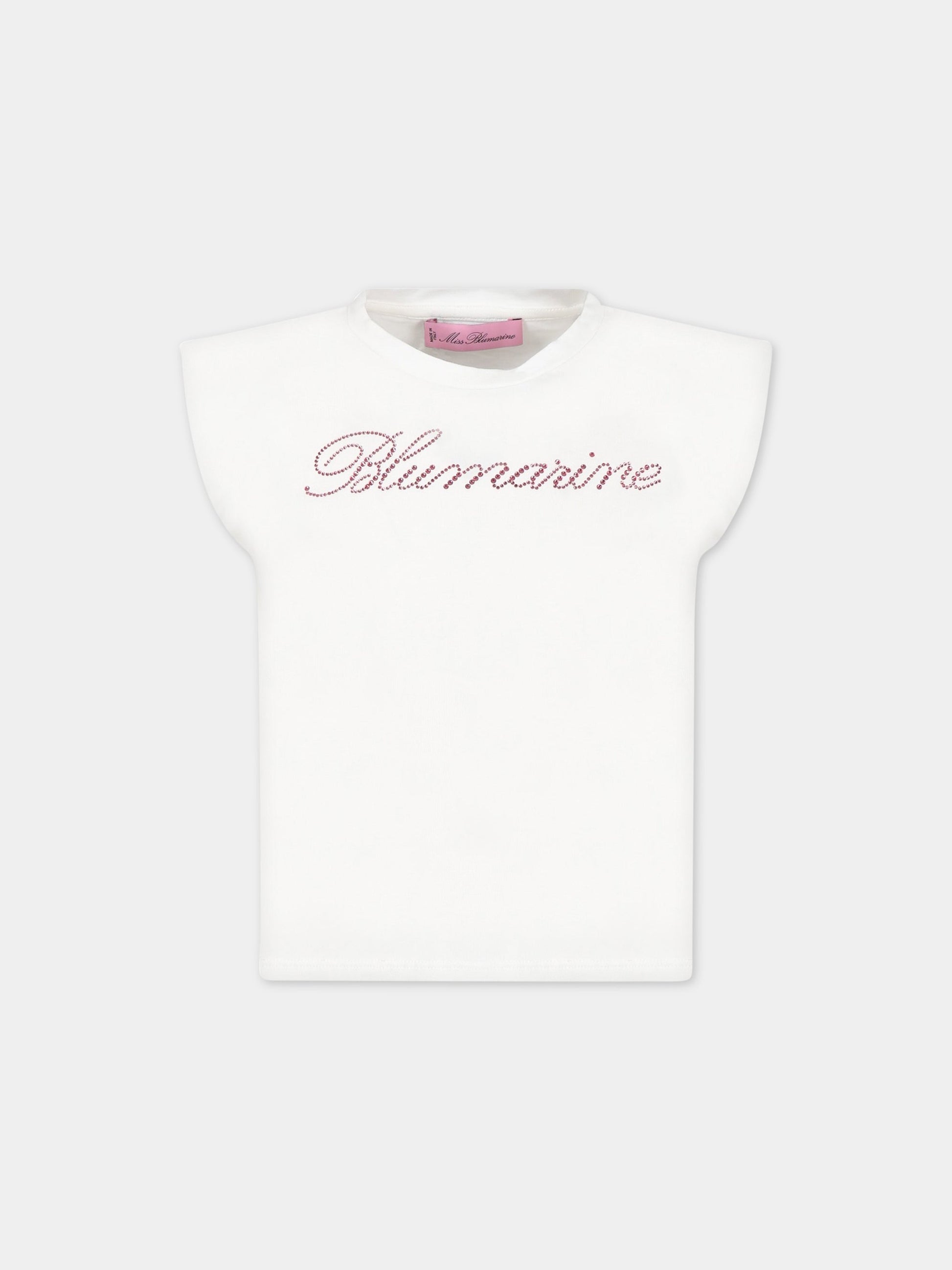 T-shirt bianca per bambina con logo,Blumarine Baby,IA3062J5003 C3273
