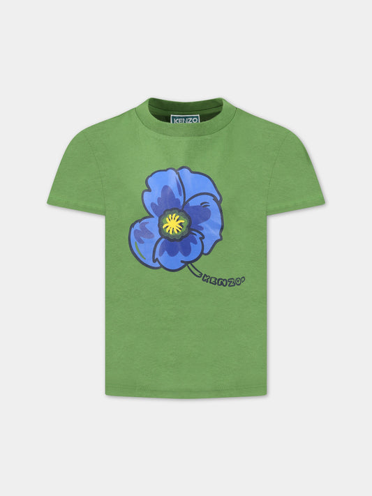 T-shirt verde per bambino con iconico papavero blu e logo,Kenzo Kids,K25809 64M
