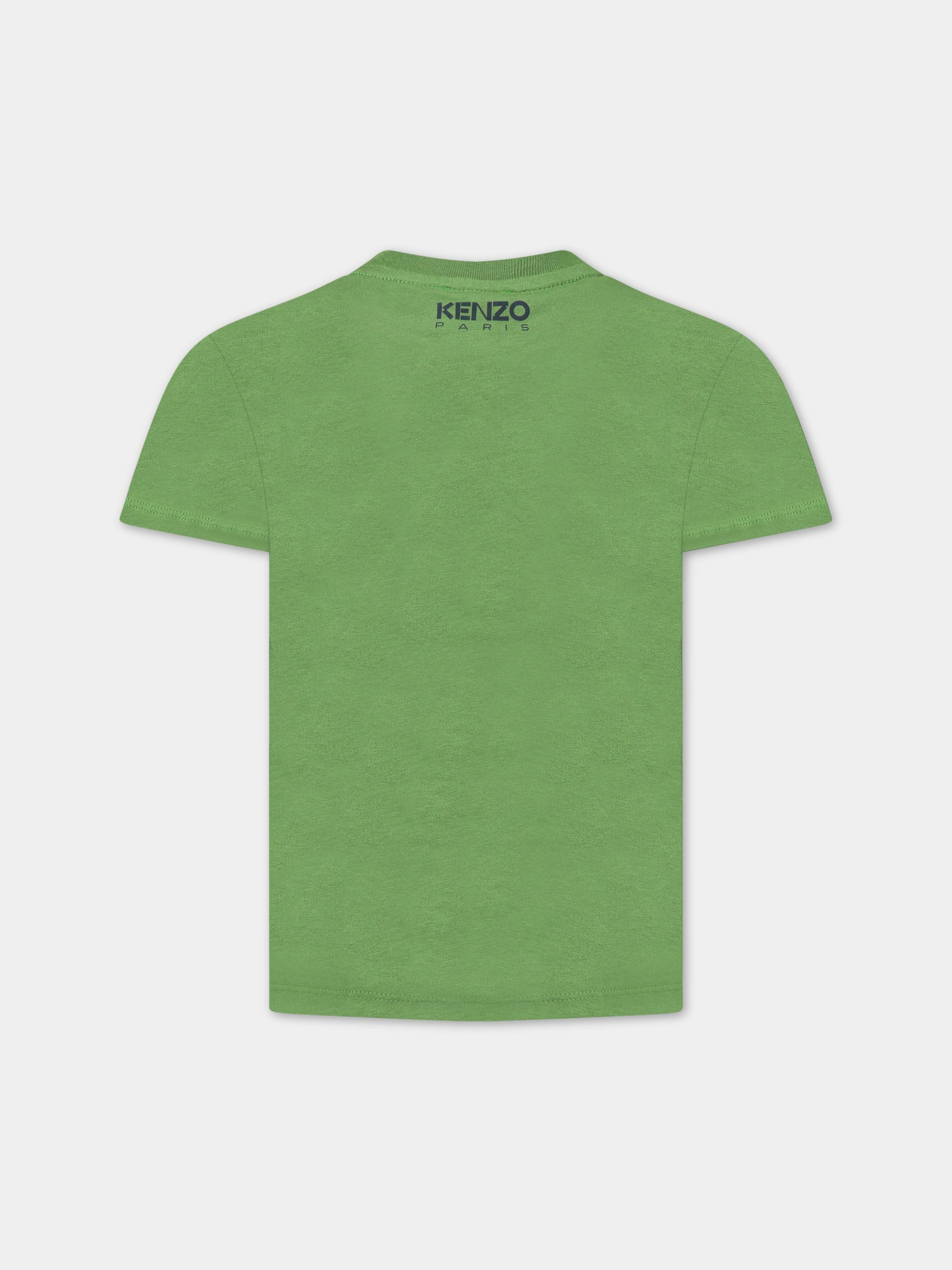 T-shirt verde per bambino con iconico papavero blu e logo,Kenzo Kids,K25809 64M