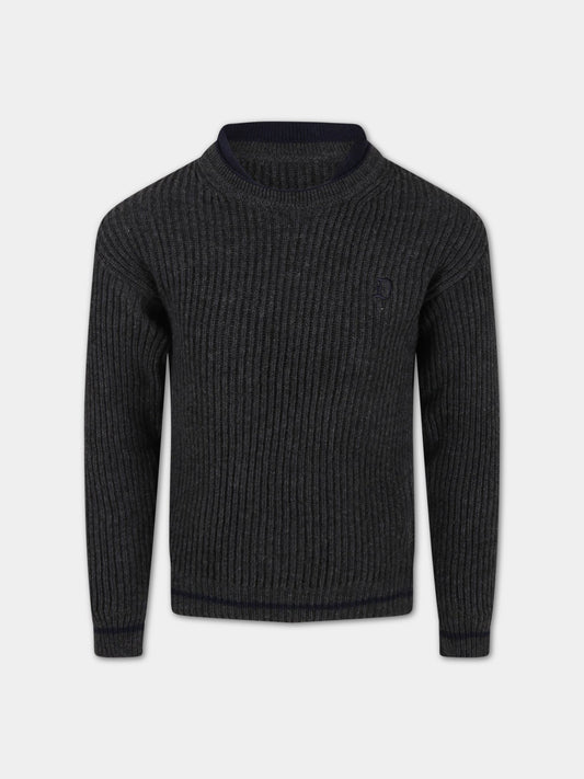 Maglione grigio per bambino con logo blu ricamato,Dondup Kids,DMMA35 FL116 YD026 5002