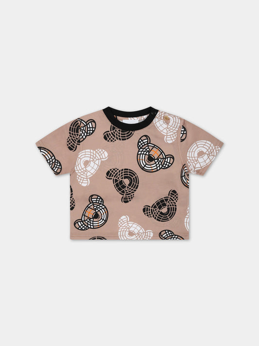 T-shirt beige per neonato con iconici Thomas Bears all-over,Burberry Kids,8062313