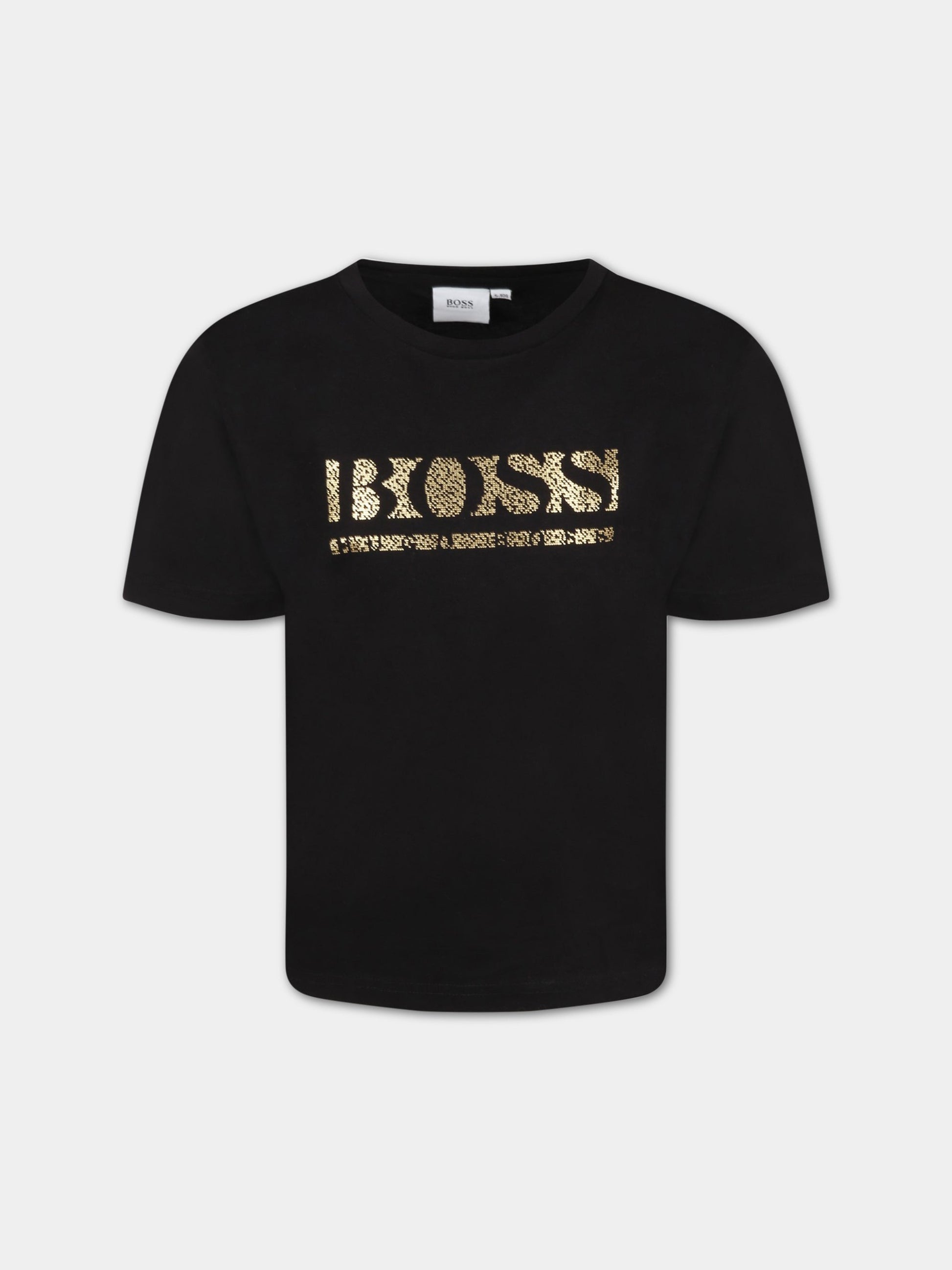 T-shirt nera per bambino con logo dorato,Hugo Boss,J25L60 09B