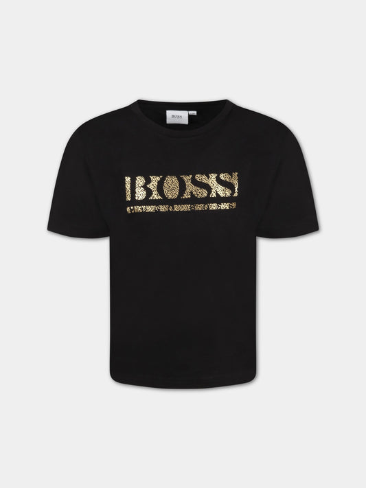 T-shirt nera per bambino con logo dorato,Hugo Boss,J25L60 09B