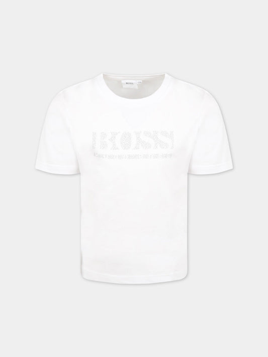T-shirt bianco per bambino con logo argentato,Hugo Boss,J25L60 10B