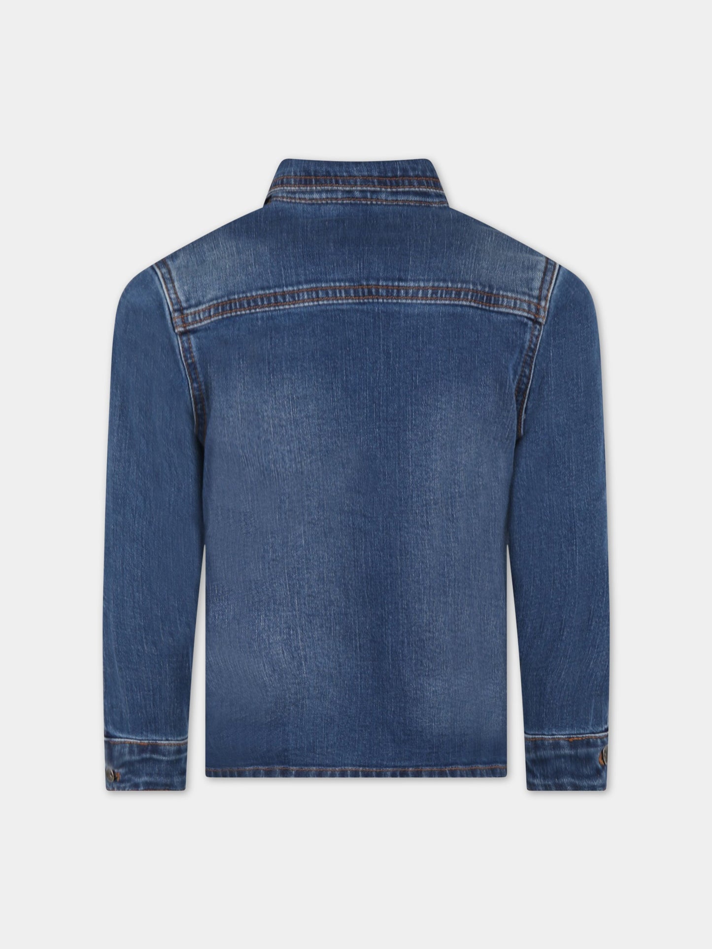 Camicia blu denim per bambino con patch logato e logo,Timberland,T25S52 Z250