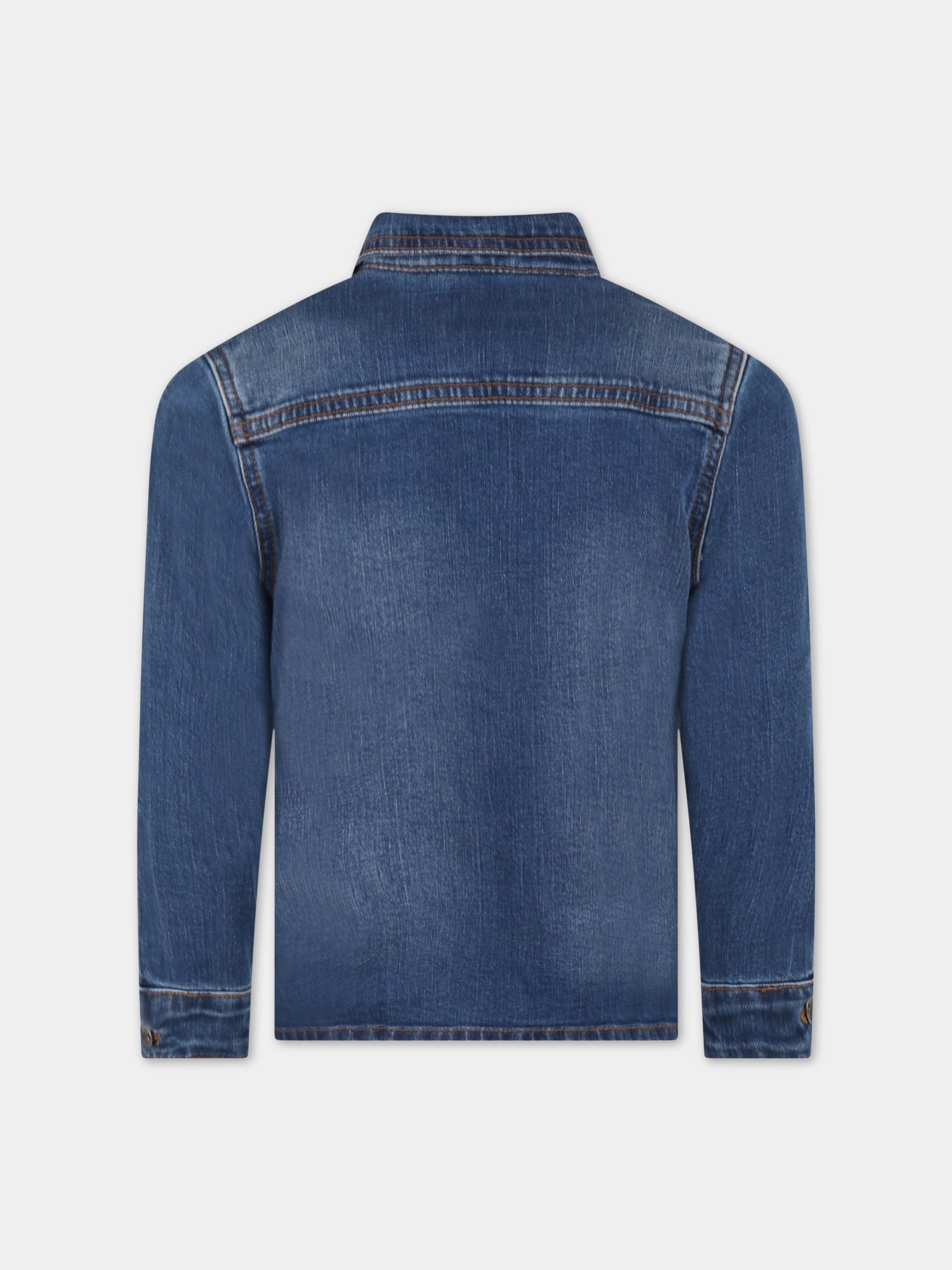 Camicia blu denim per bambino con patch logato e logo,Timberland,T25S52 Z250