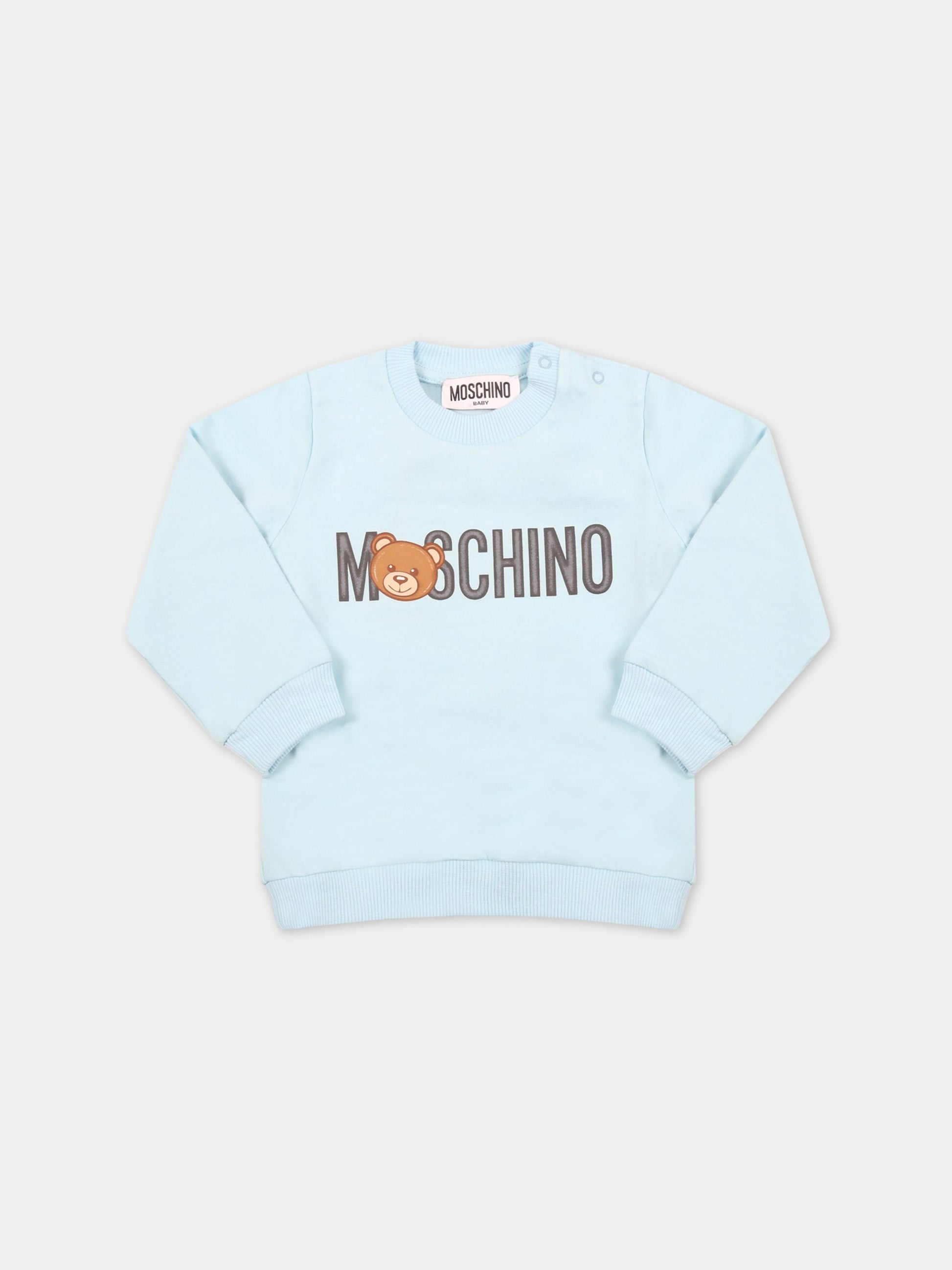 Felpa celeste per neonato con logo e Teddy Bear,Moschino Kids,M8F03E LDA17 40304