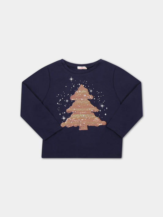 T-shirt blu per bambina con stella e cuori,Billieblush,U15933 85T PAILETTE
