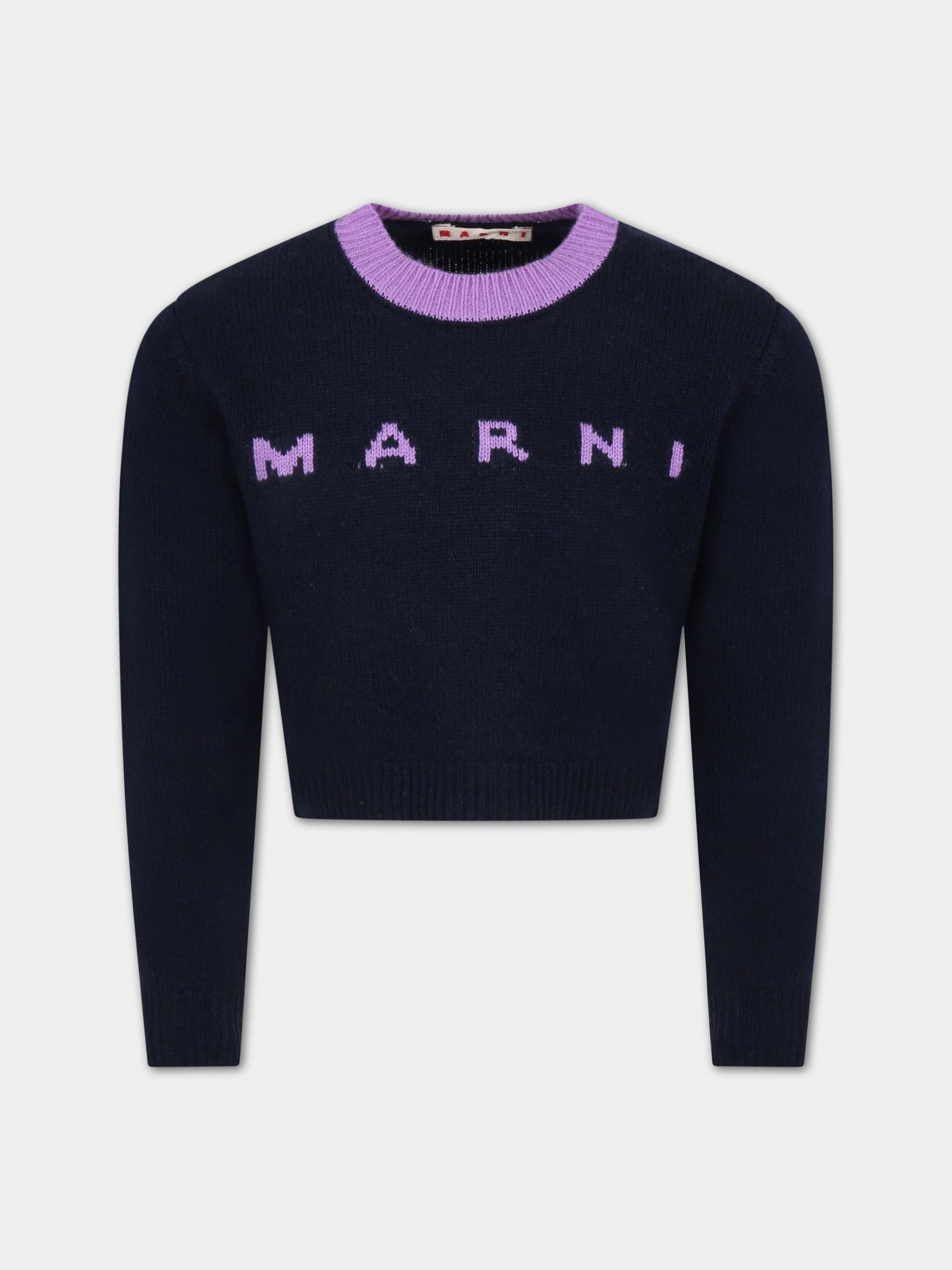 Maglione blu per bambina con logo viola,Marni Kids,M00623 M00ML 0M803