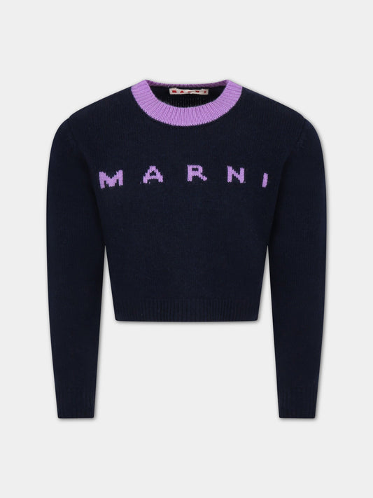 Maglione blu per bambina con logo viola,Marni Kids,M00623 M00ML 0M803