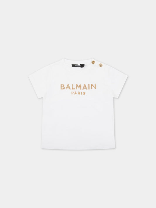 T-shirt bianca per bambini con logo dorato,Balmain Kids,6R8031 Z0057 100OR