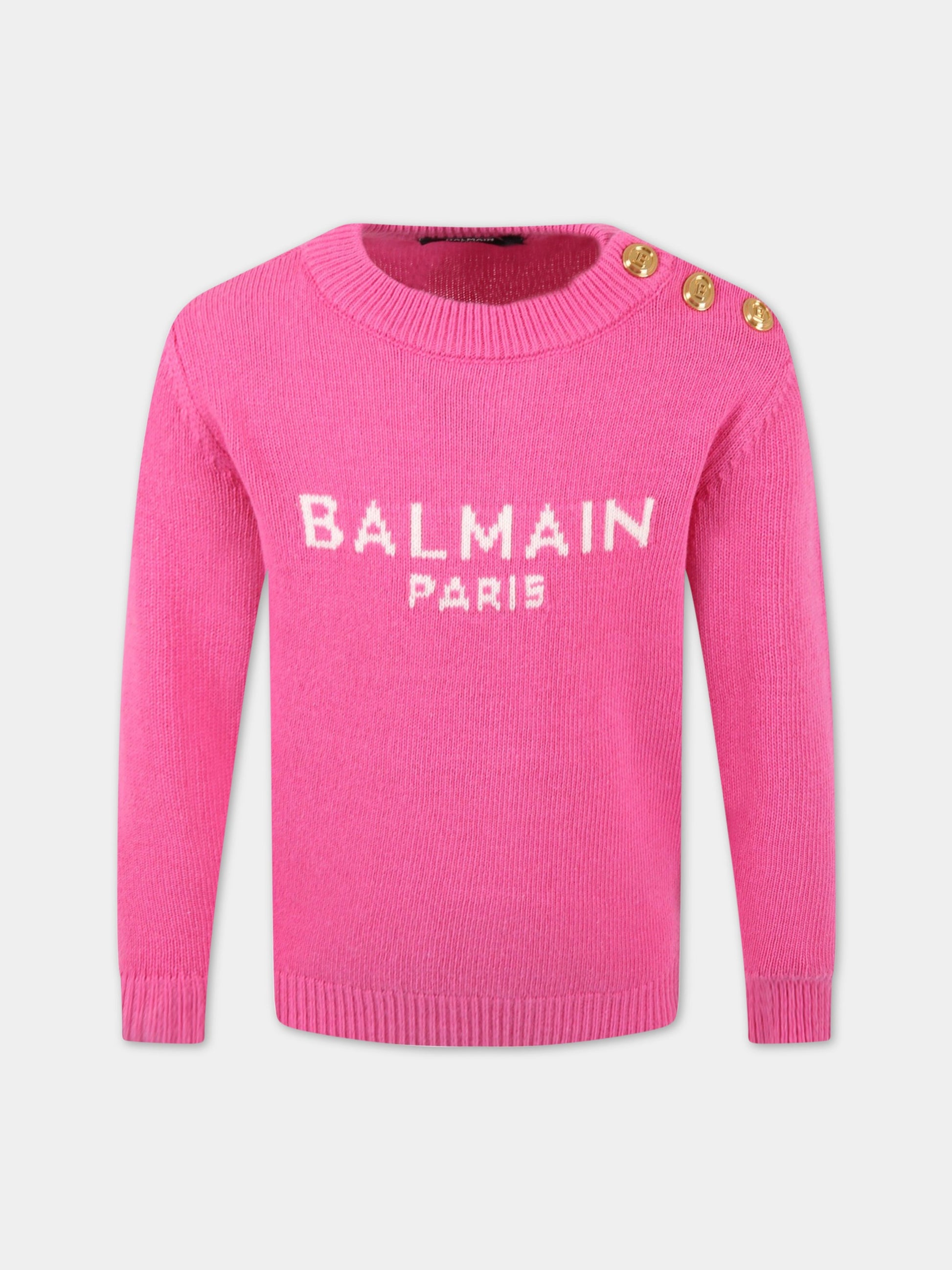 Maglione fucsia per bambina con logo bianco,Balmain Kids,6R9O20 W0002 514