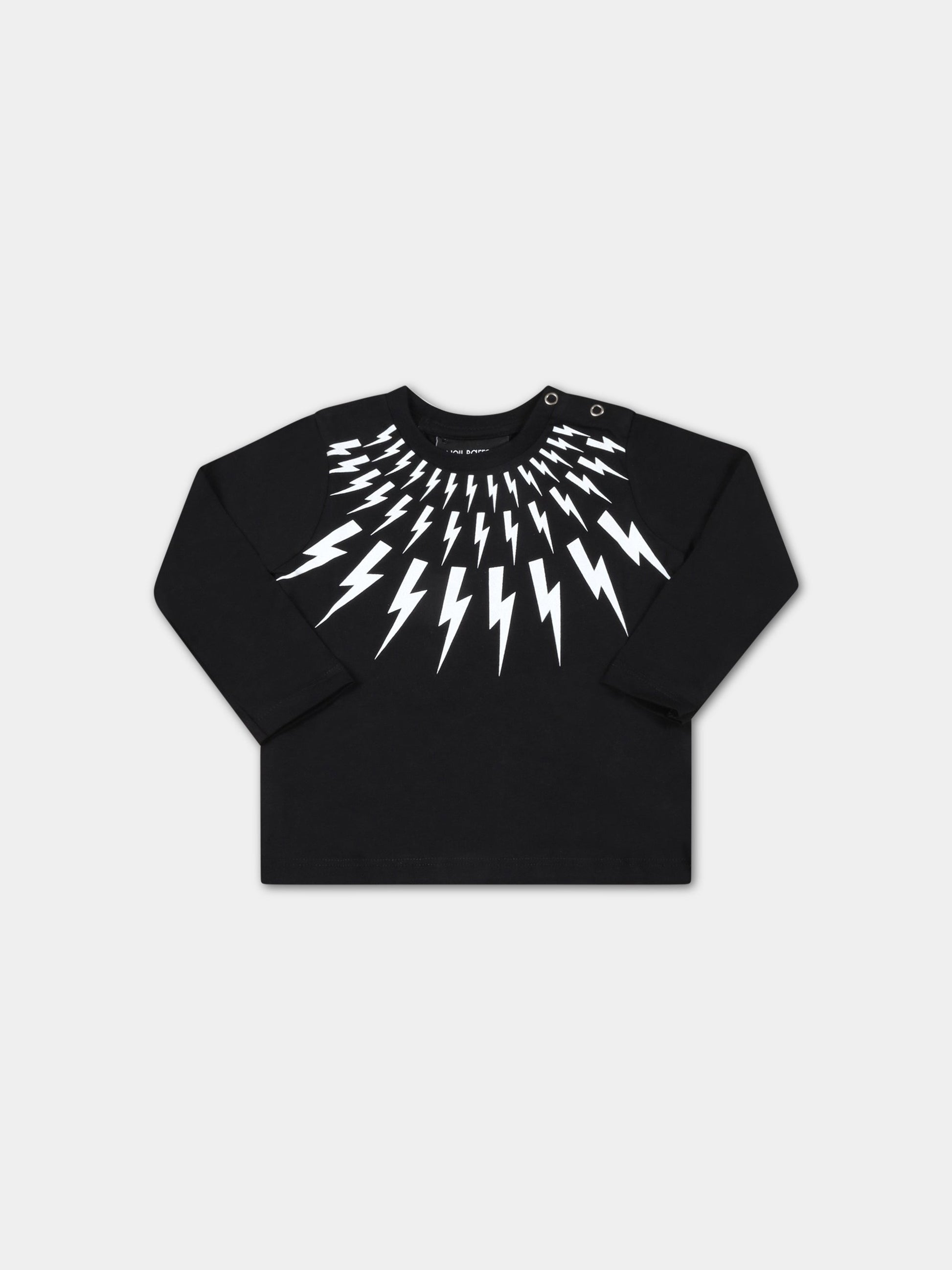T-shirt nera per neonato con iconici fulmini bianchi,Neil Barrett Kids,032439 110