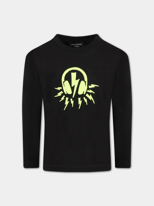 T-shirt nera per bambino con cuffie ricamate e logo,Neil Barrett Kids,032286 110