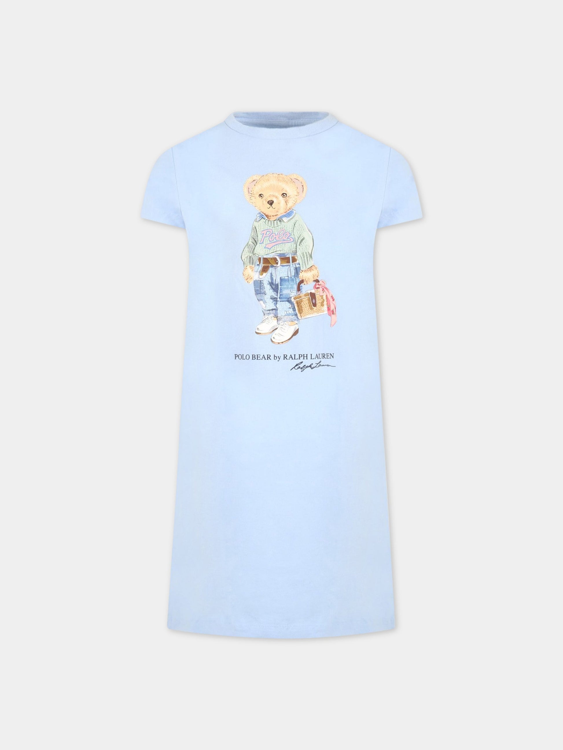 Vestito celeste per bambina con orso e logo nero,Ralph Lauren Kids,875410002