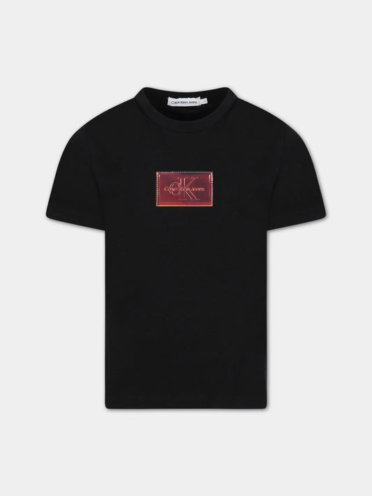 T-shirt nera per bambina con patch logato,Calvin Klein Kids,IU0IU00357 BEH