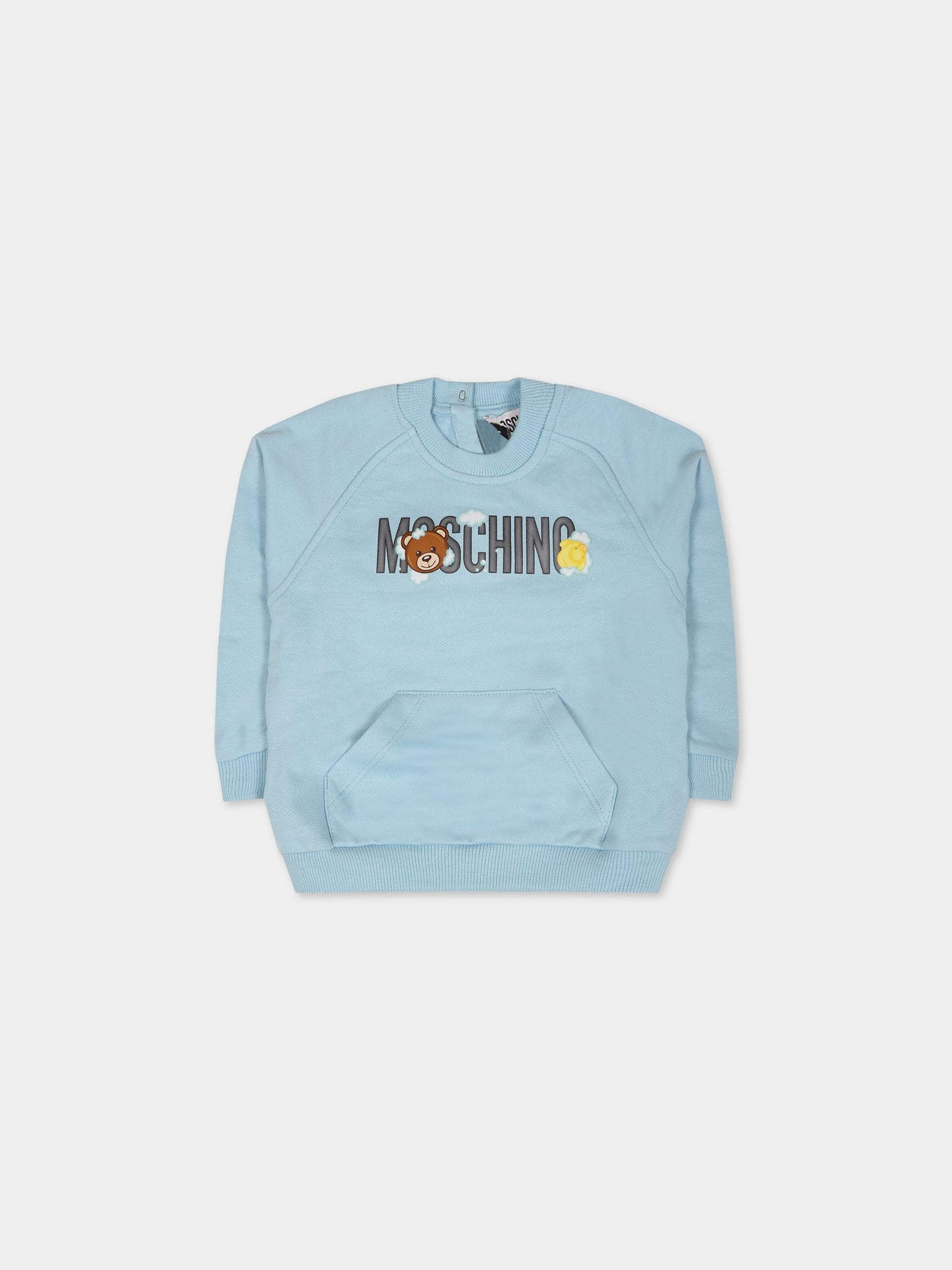 Felpa celeste per neonati con Teddy Bear, nuvole e logo,Moschino Kids,MUF04F LCA42 40304