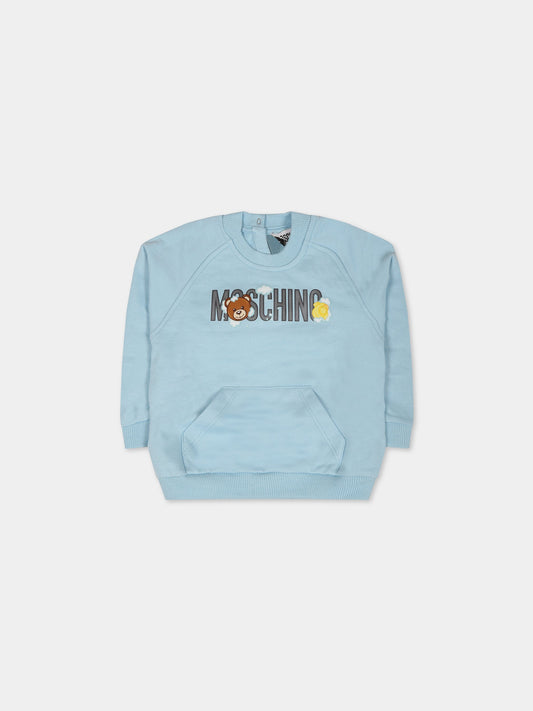 Felpa celeste per neonati con Teddy Bear, nuvole e logo,Moschino Kids,MUF04F LCA42 40304