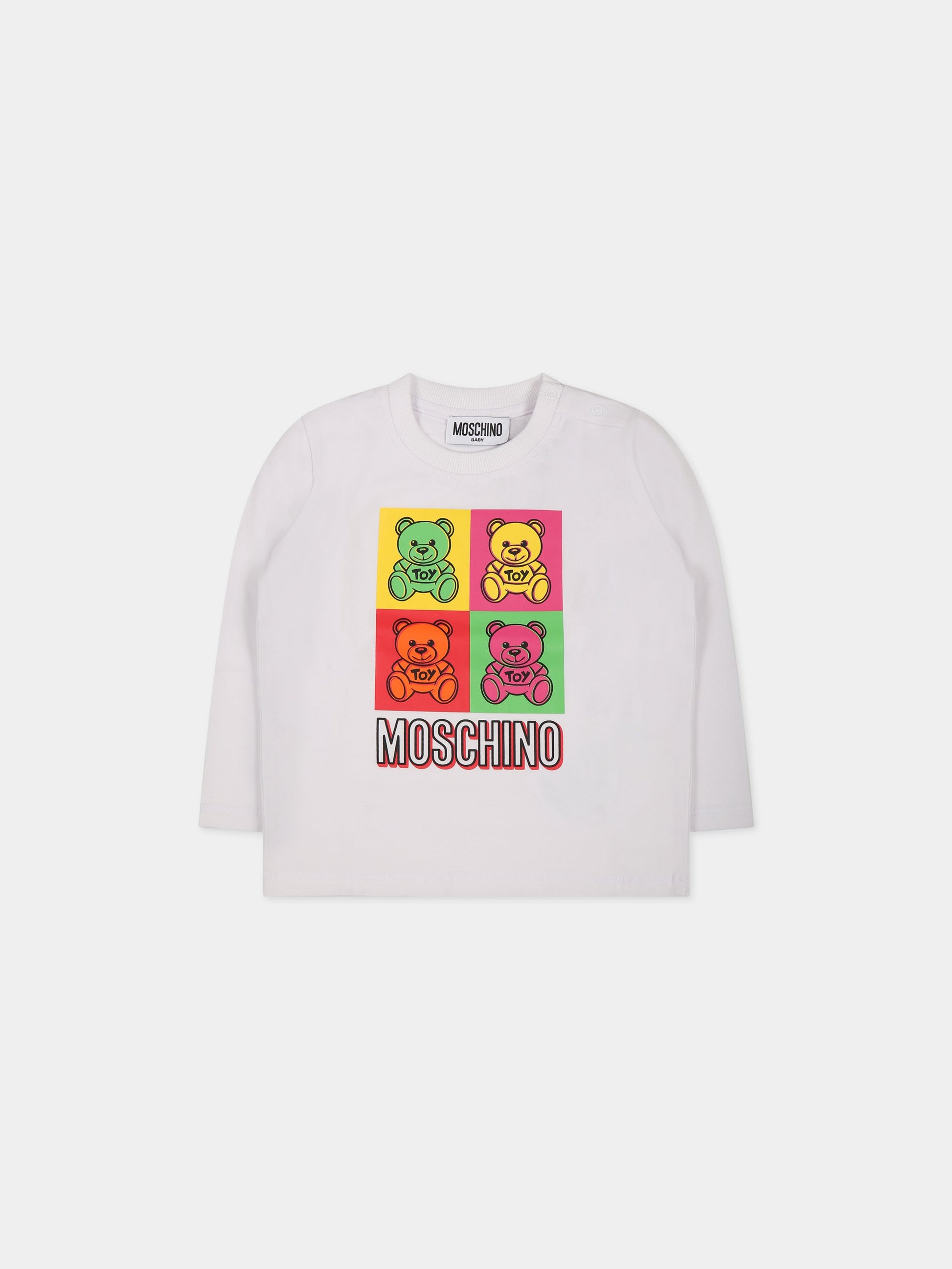 T-shirt bianca per neonato con Teddy Bear e logo,Moschino Kids,MMO00E LBA19 10101