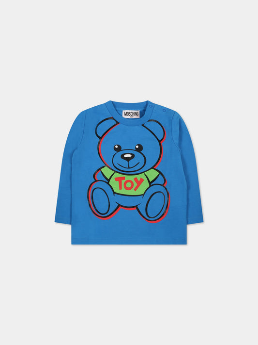 T-shirt blu per neonato con Teddy Bear e logo,Moschino Kids,MUO00E LBA19 40641