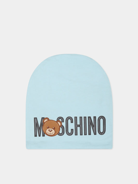 Cappello celeste per neonati con teddy Bear e logo,Moschino Kids,MNX03N LDA17 40304
