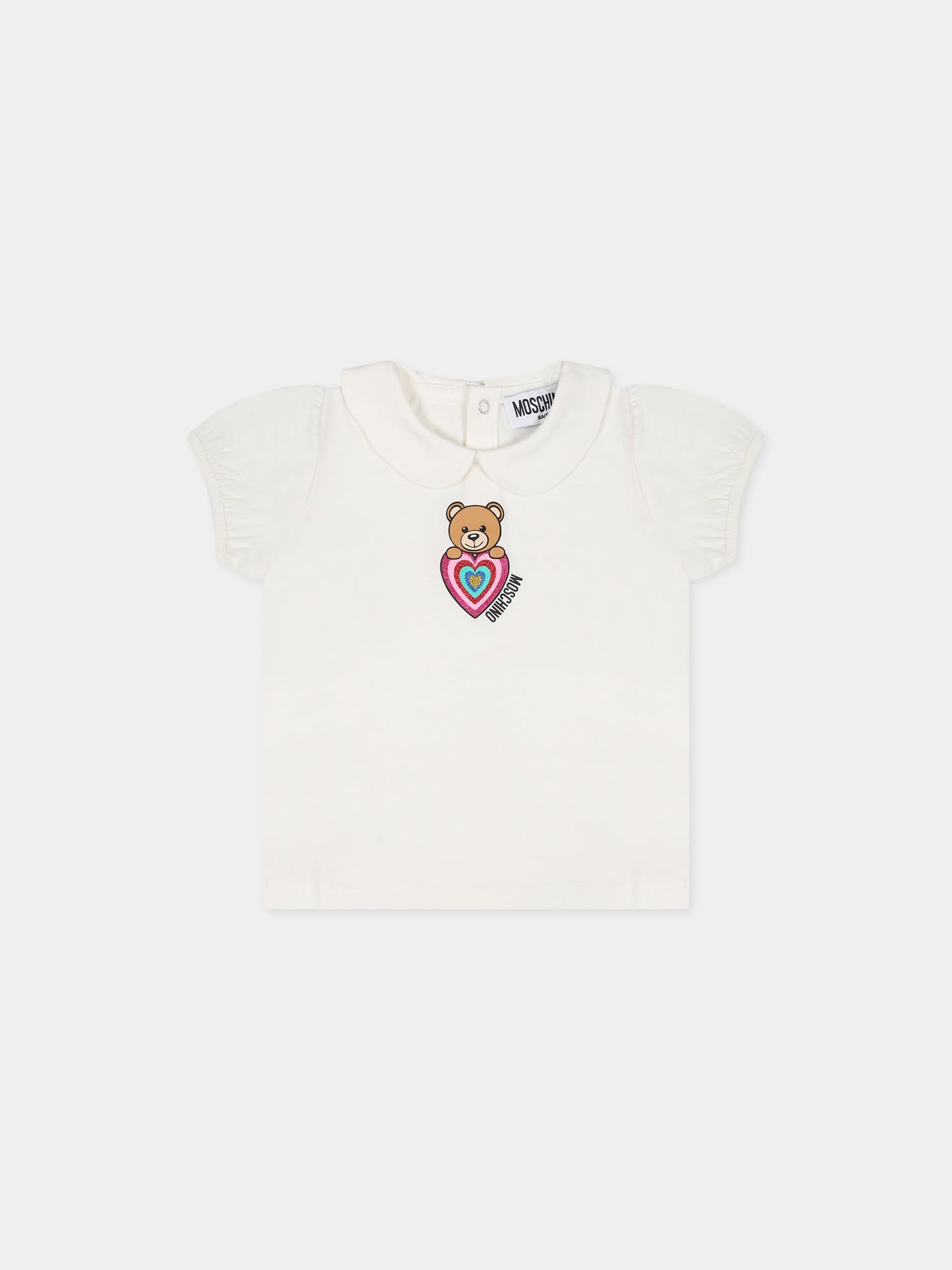 T-shirt bianca per neonata con Teddy Bear, cuore e logo,Moschino Kids,MDM034 LBA01 10063