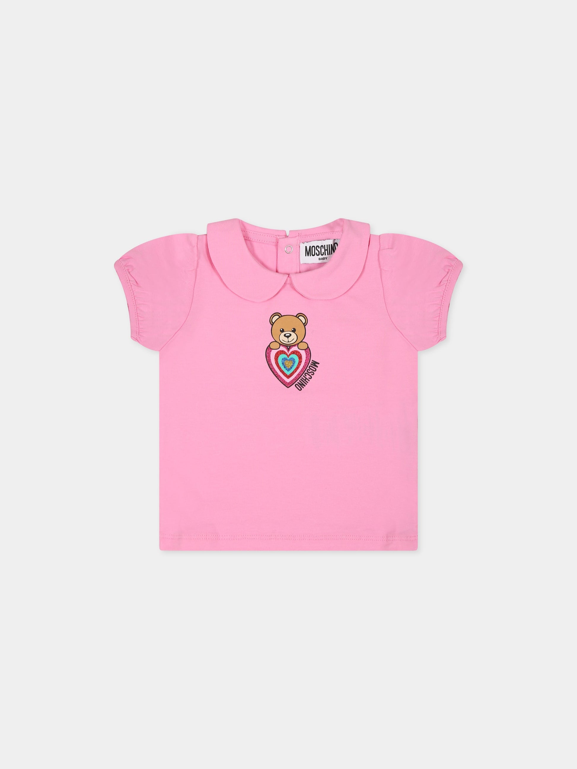 T-shirt rosa per neonata con Teddy Bear, cuore e logo,Moschino Kids,MDM034 LBA01 50206