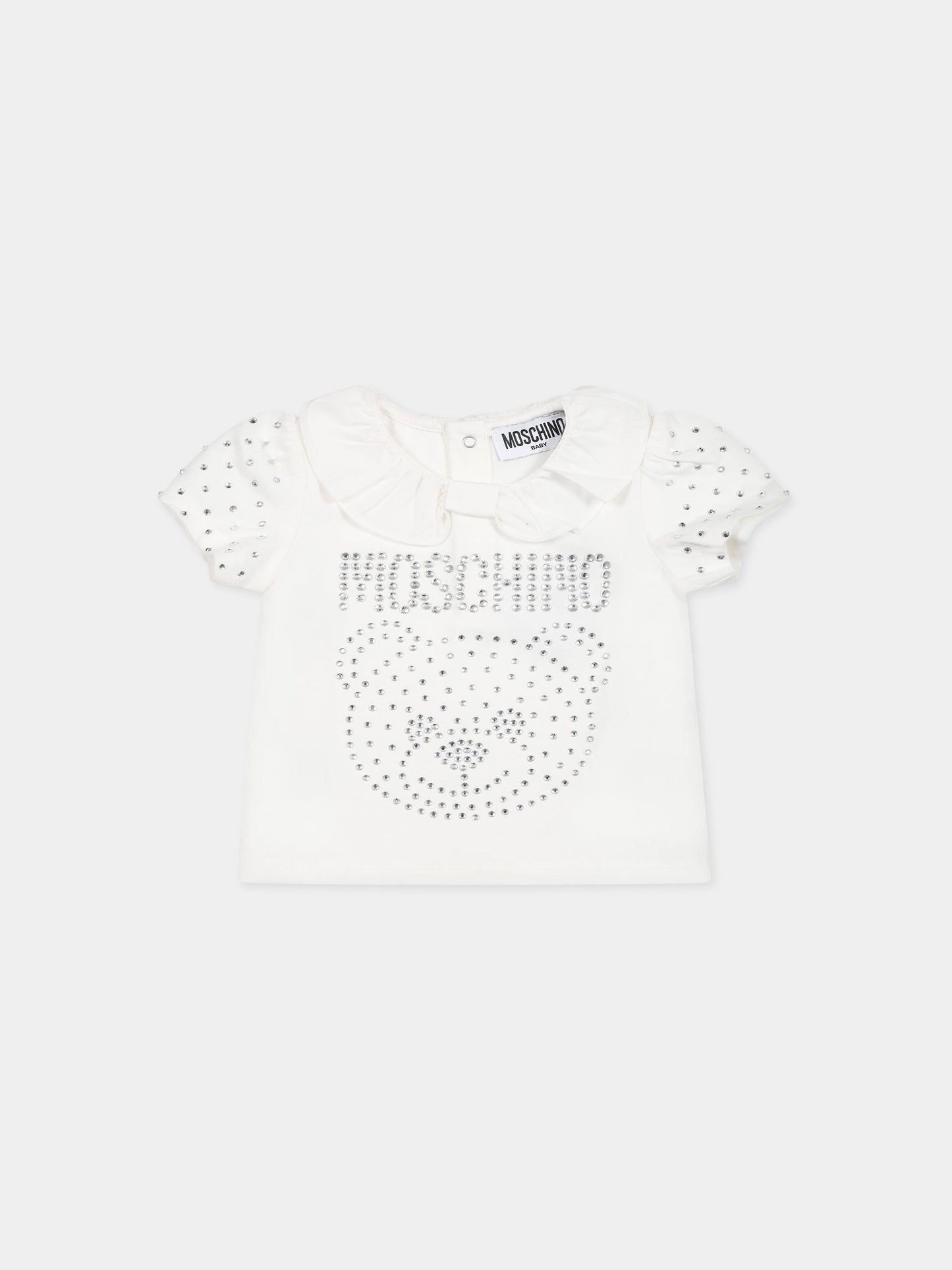 T-shirt bianca per neonata con Teddy Bear e logo,Moschino Kids,MDM033 LBA10 10063