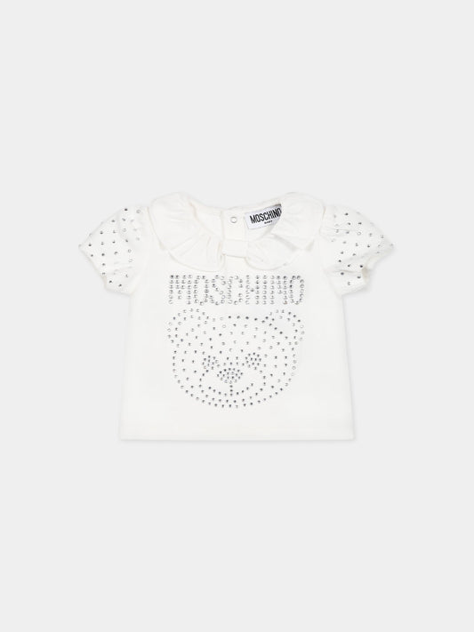 T-shirt bianca per neonata con Teddy Bear e logo,Moschino Kids,MDM033 LBA10 10063
