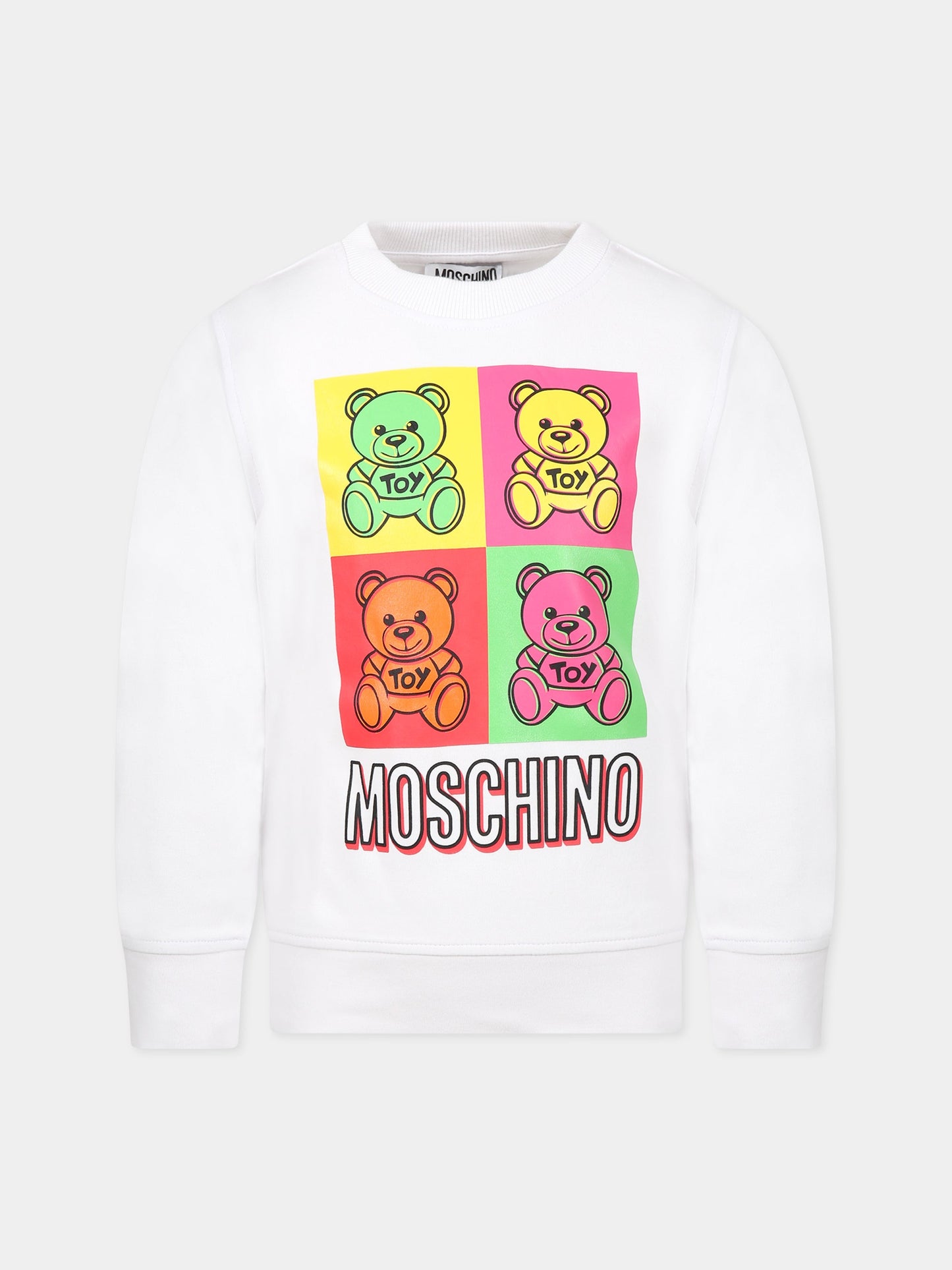 Felpa bianca per bambini con Teddy bear multicolor e logo,Moschino Kids,HUF066 LDA38 10101
