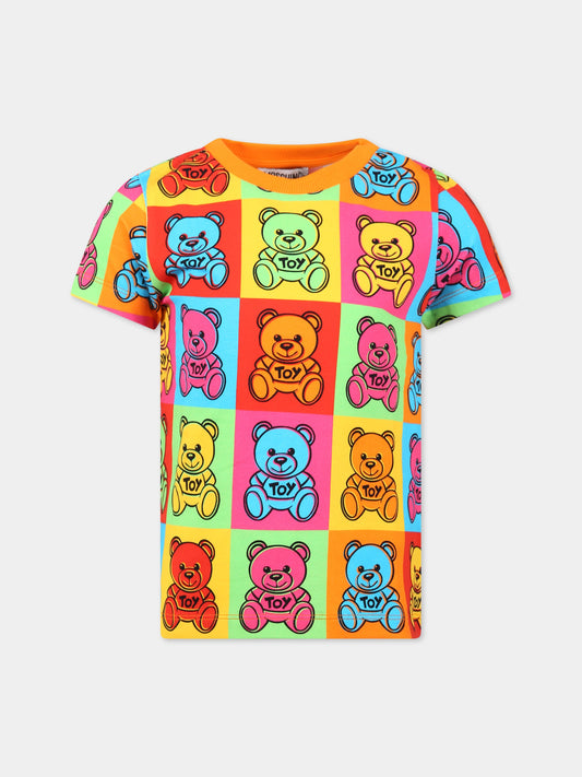 T-shirt multicolor per bambini con Teddy Bear all-over e logo,Moschino Kids,HUM03T LBBA6 82582