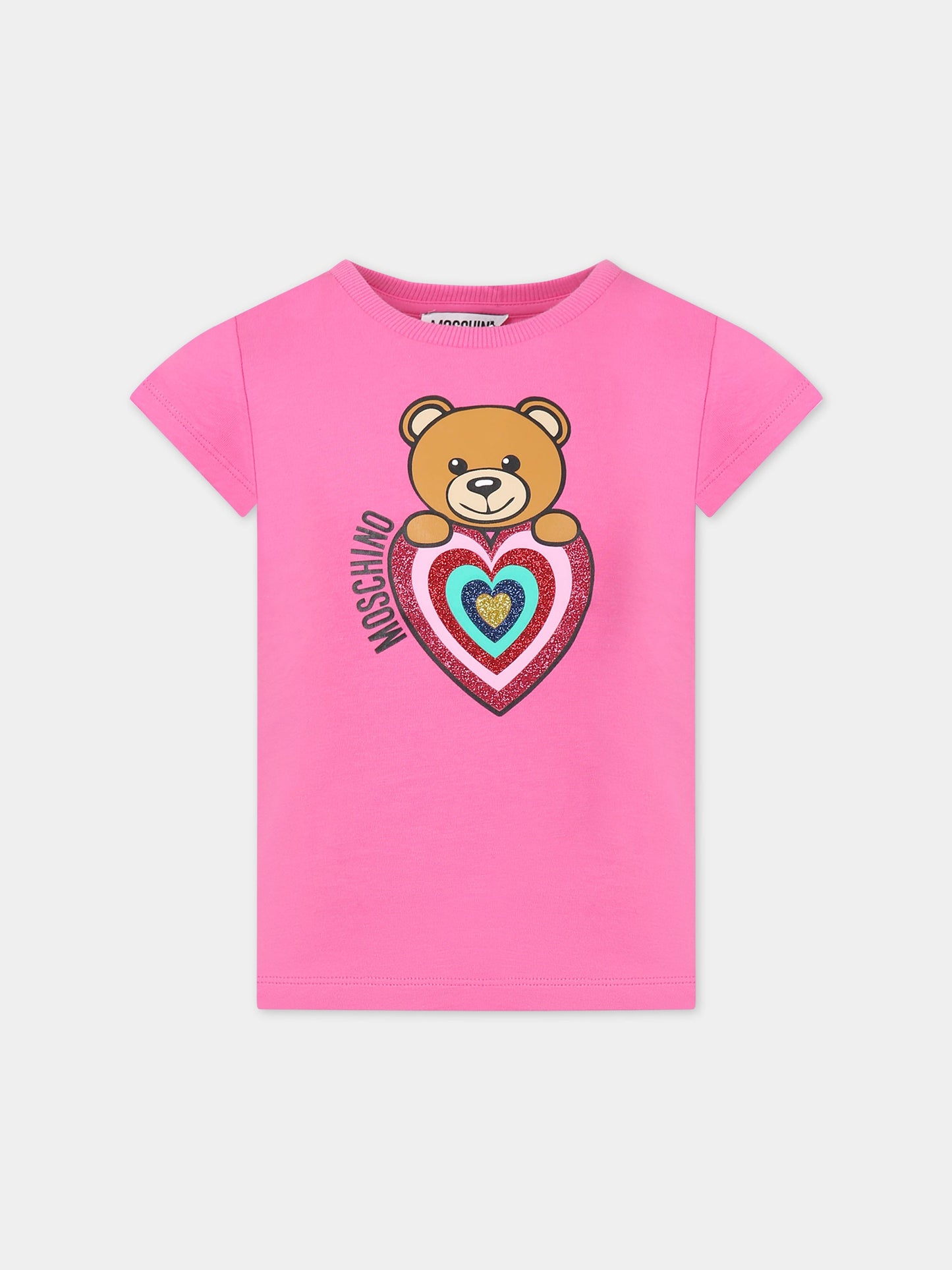 T-shirt rosa per bambina con Teddy bear, logo e cuore,Moschino Kids,HHM042 LBA11 50879