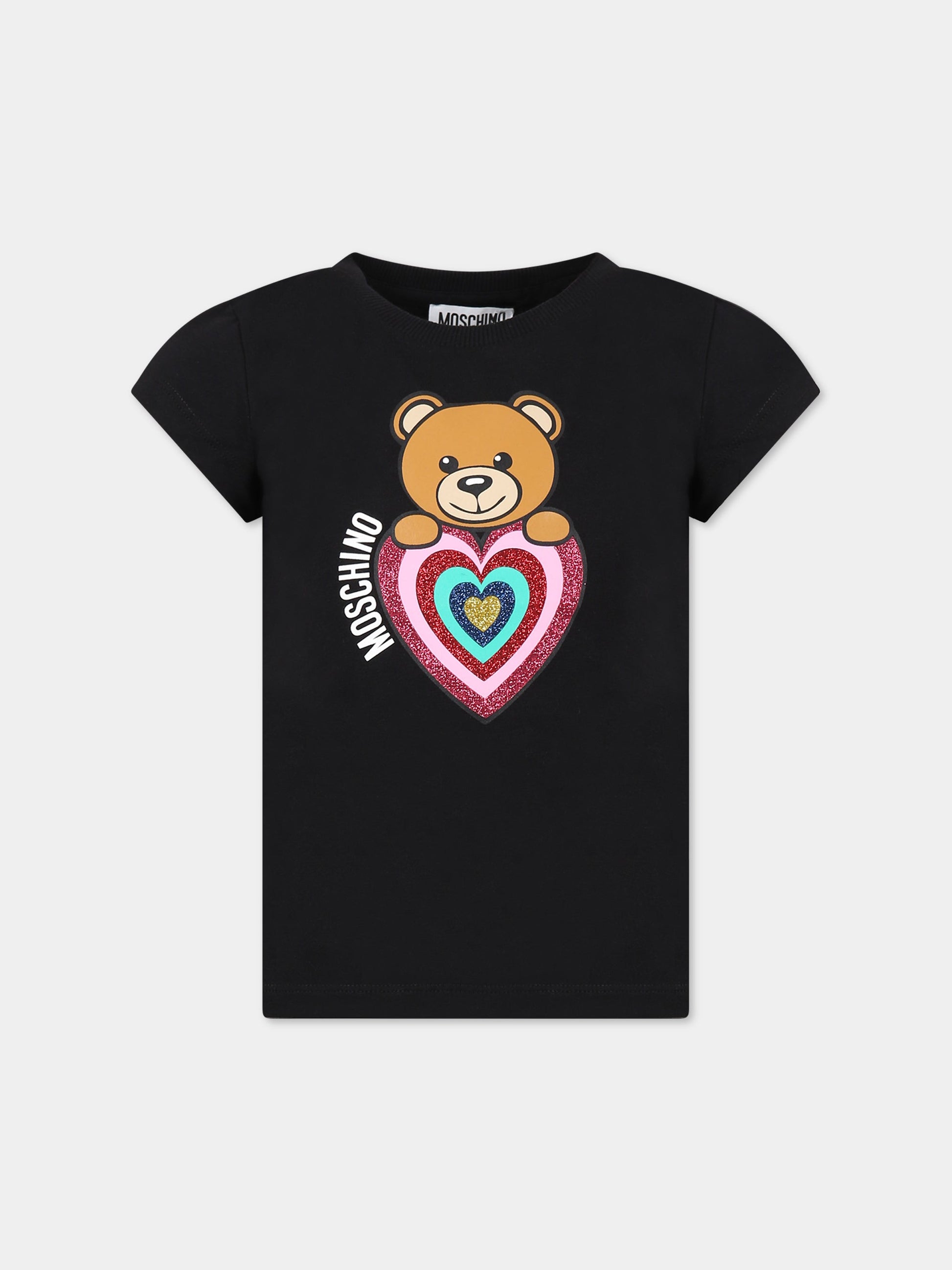 T-shirt nera per bambina con Teddy bear, logo e cuore,Moschino Kids,HHM042 LBA11 60100