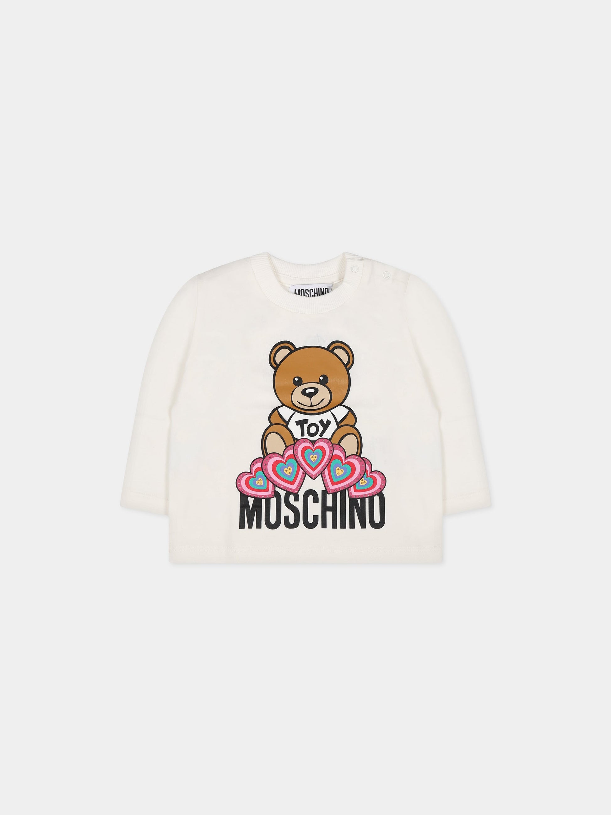 T-shirt bianca per neonata con Teddy Bear, logo e cuori,Moschino Kids,MDO00C LBA11 10063