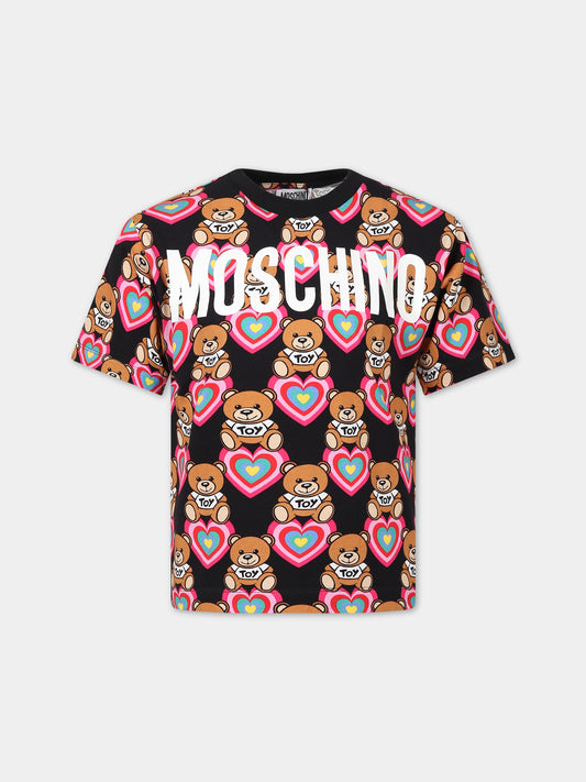 T-shirt nera per bambina con Teddy Bear, cuore e logo,Moschino Kids,HKM02T LBBA8 82597