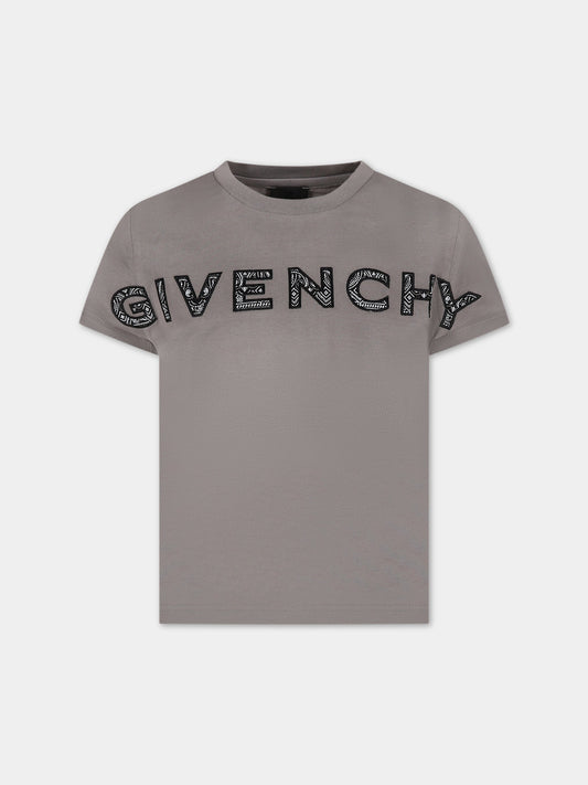 T-shirt grigia per bambini con logo e motivo 4G,Givenchy Kids,H25382 025