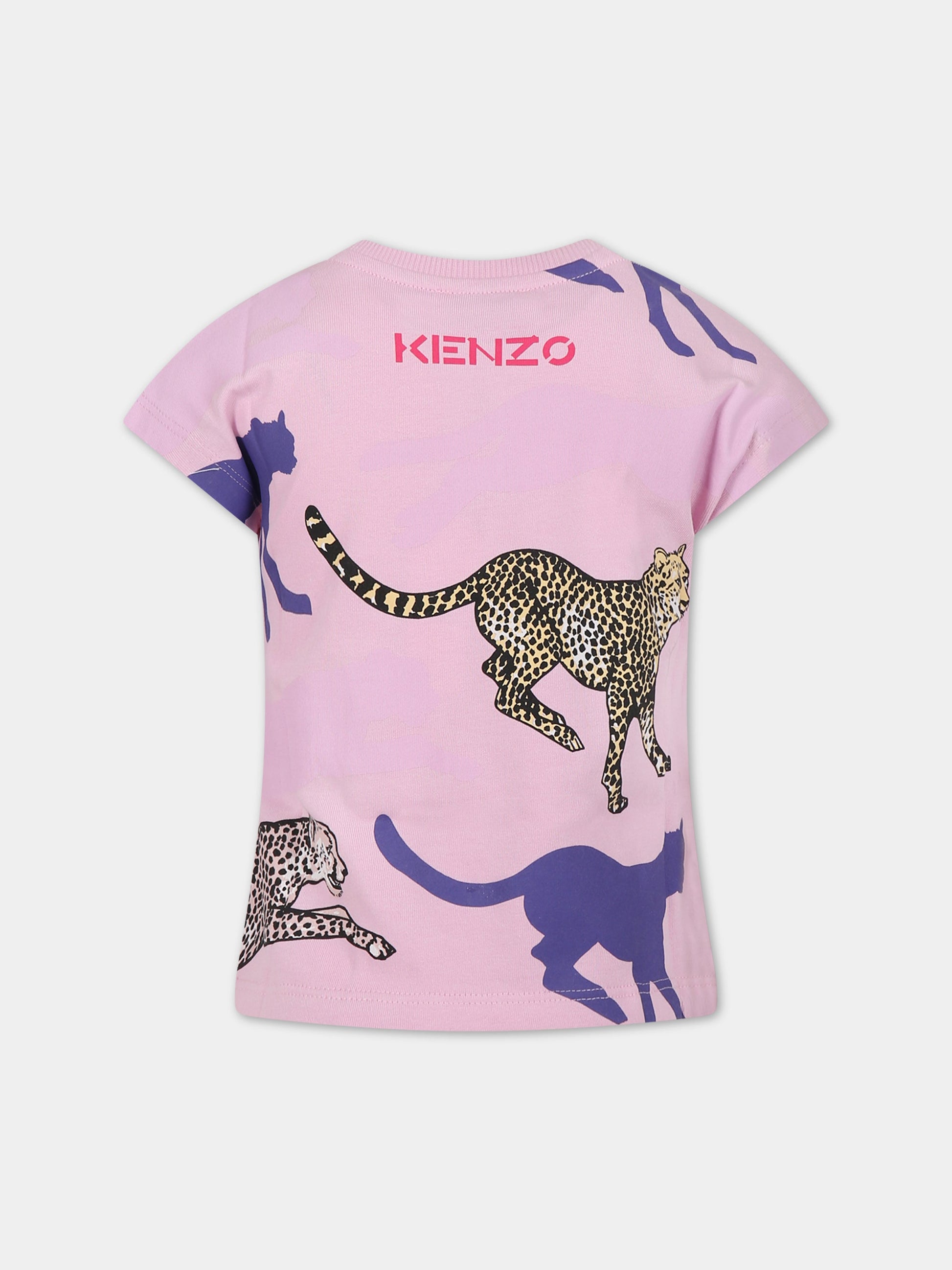 T-shirt rosa per bambina con tigre e stampa,Kenzo Kids,K15537 922