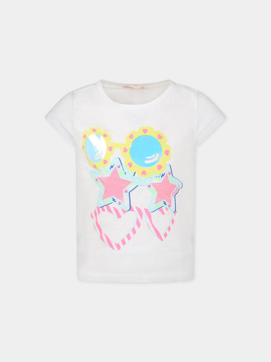 T-shirt bianca per bambina con occhiali da sole e logo,Billieblush,U15A06 10B