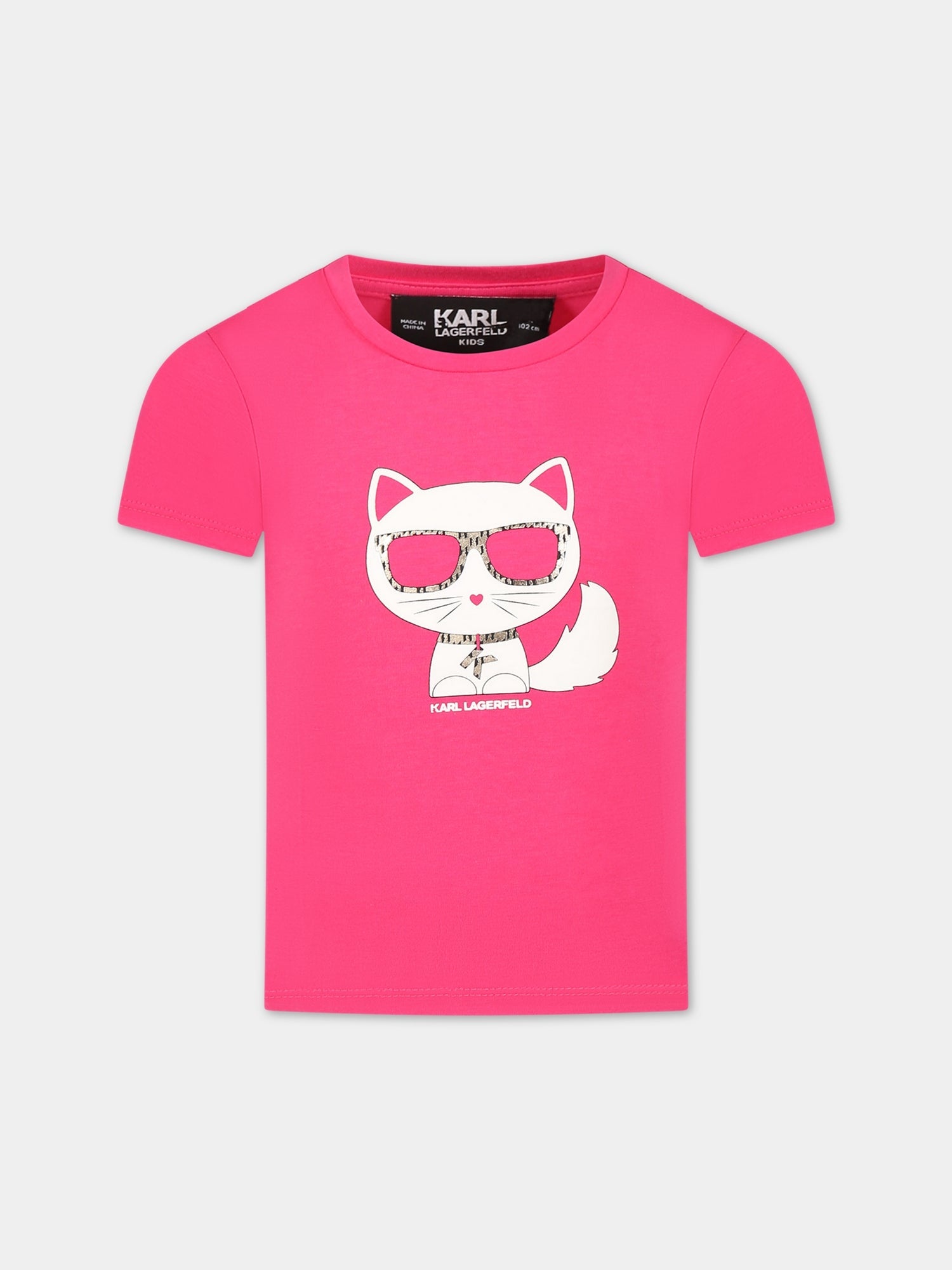 T-shirt fucsia per bambina con Choupette e logo,Karl Lagerfeld Kids,Z15353 487